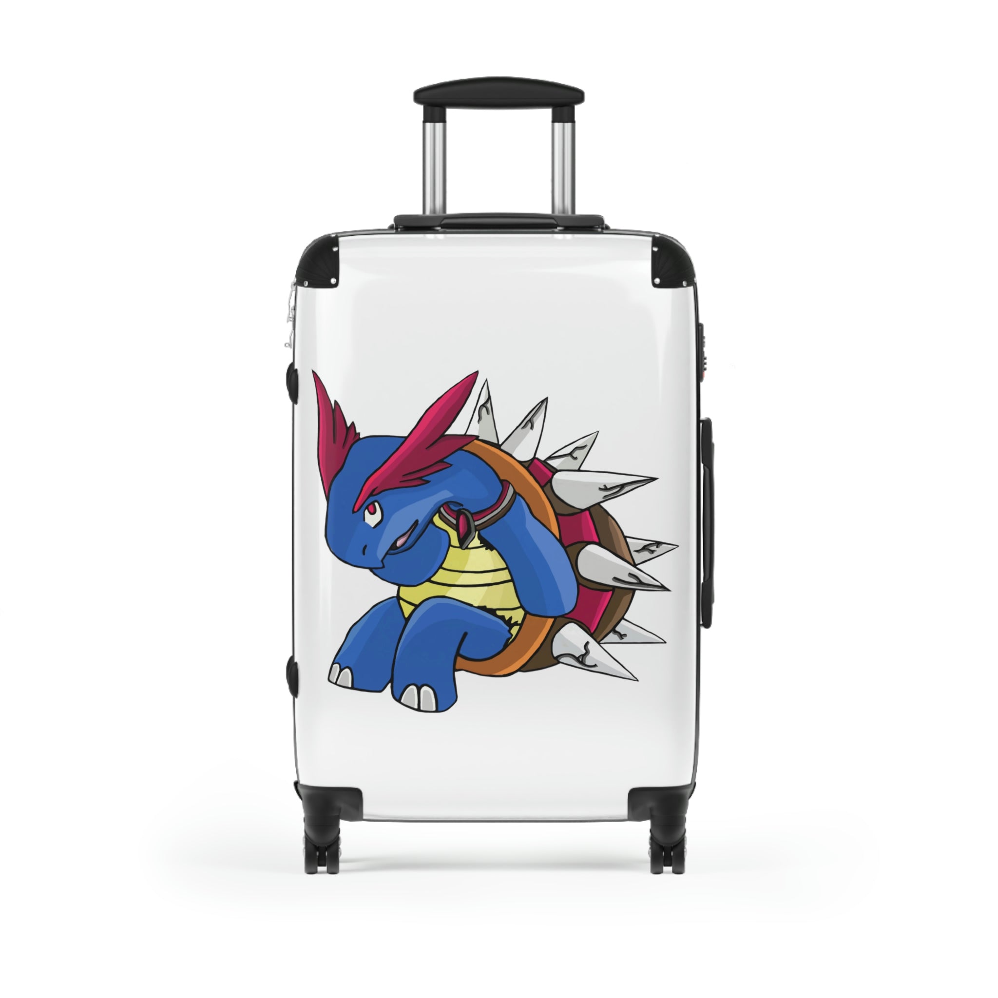 Squirtois Cabin Suitcase featuring a personalized design, durable polycarbonate front, and ABS back, with adjustable handle and 360° swivel wheels.