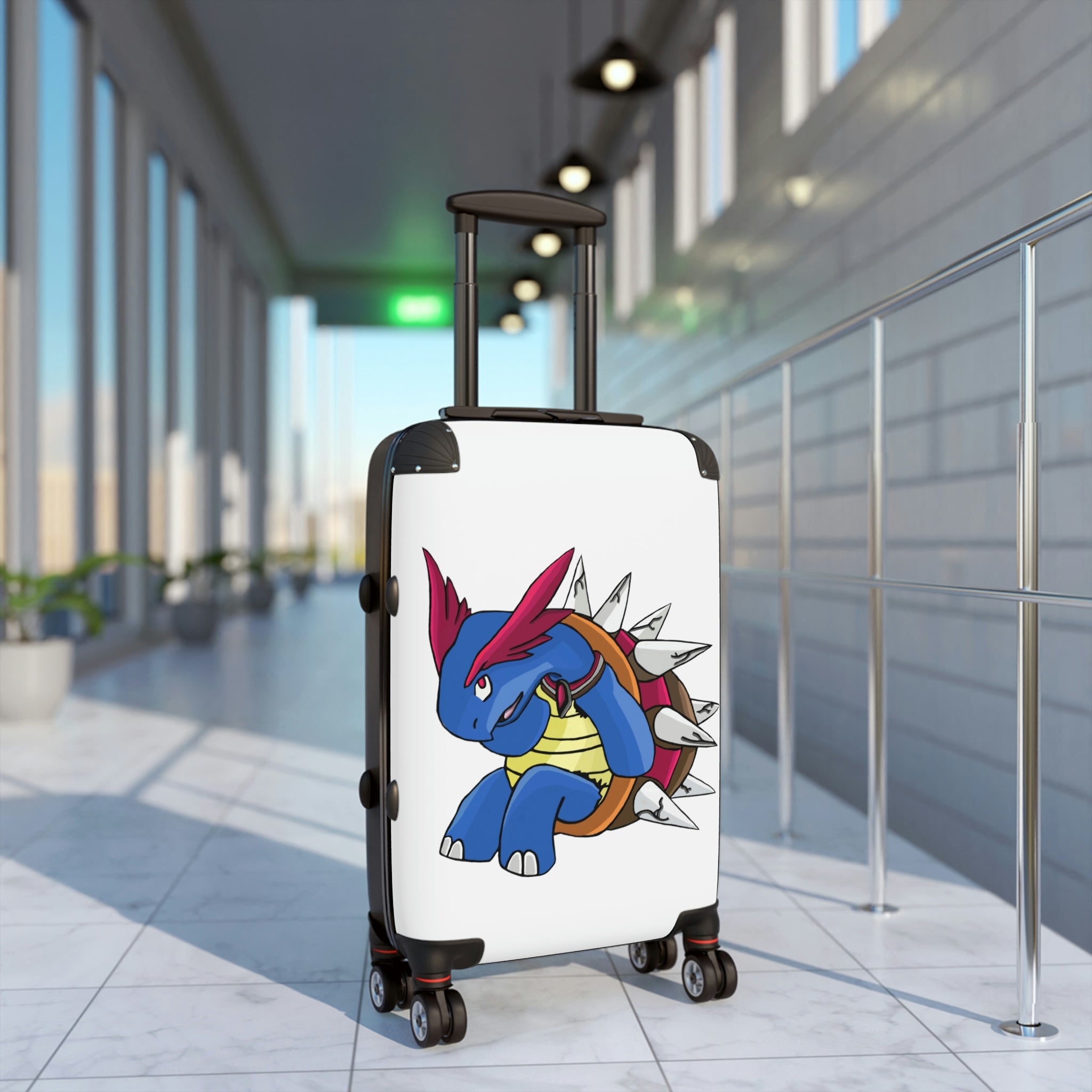 Squirtois Cabin Suitcase featuring a personalized design, durable polycarbonate front, and ABS back, with adjustable handle and 360° swivel wheels.