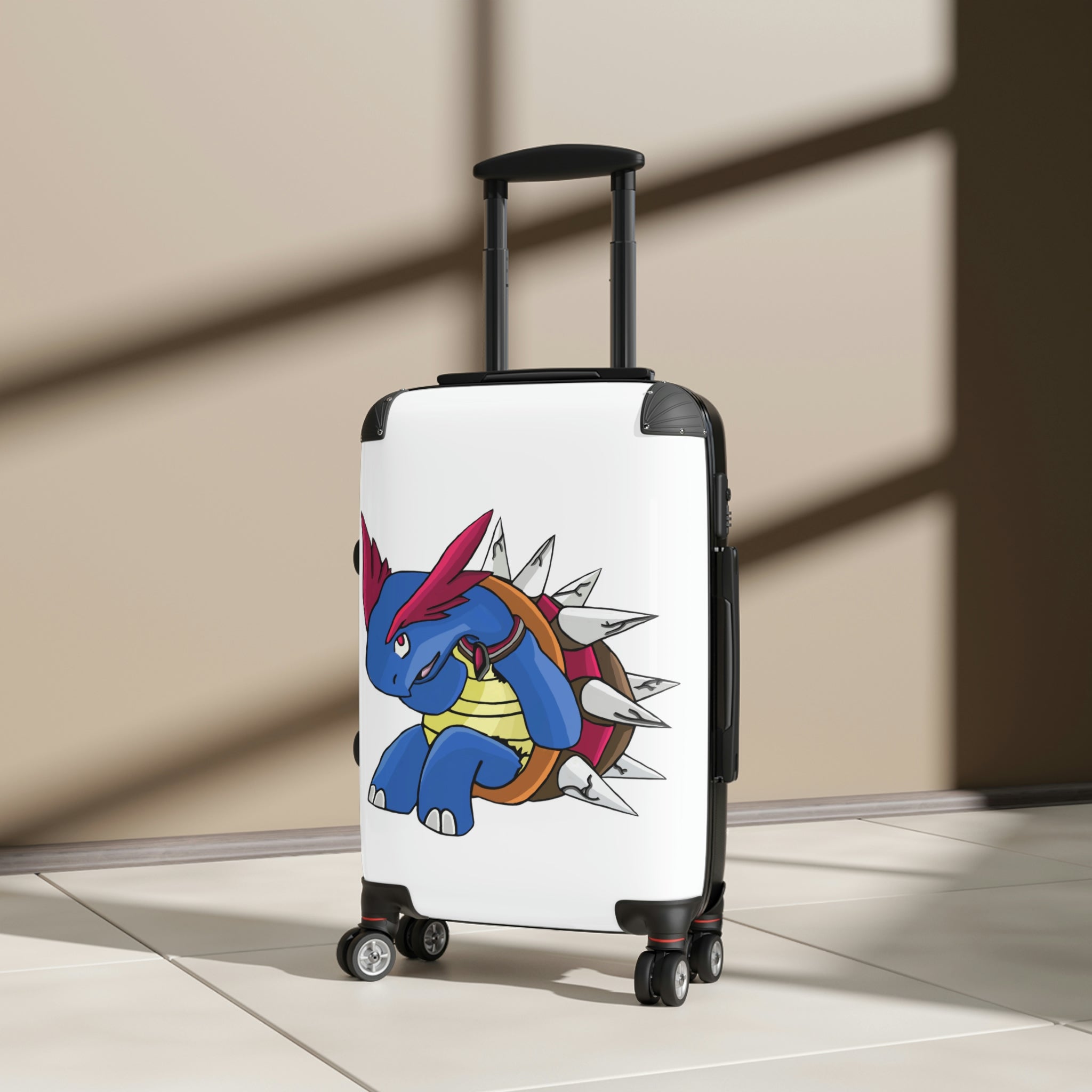 Squirtois Cabin Suitcase featuring a personalized design, durable polycarbonate front, and ABS back, with adjustable handle and 360° swivel wheels.