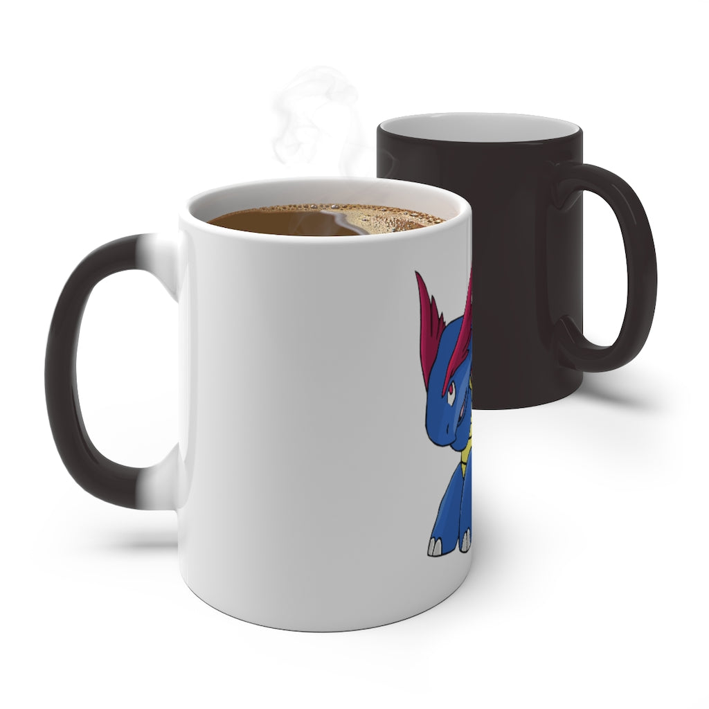 Squirtois Color Changing Mug showcasing vibrant colors when filled with a hot beverage, featuring a rounded design and C-handle.