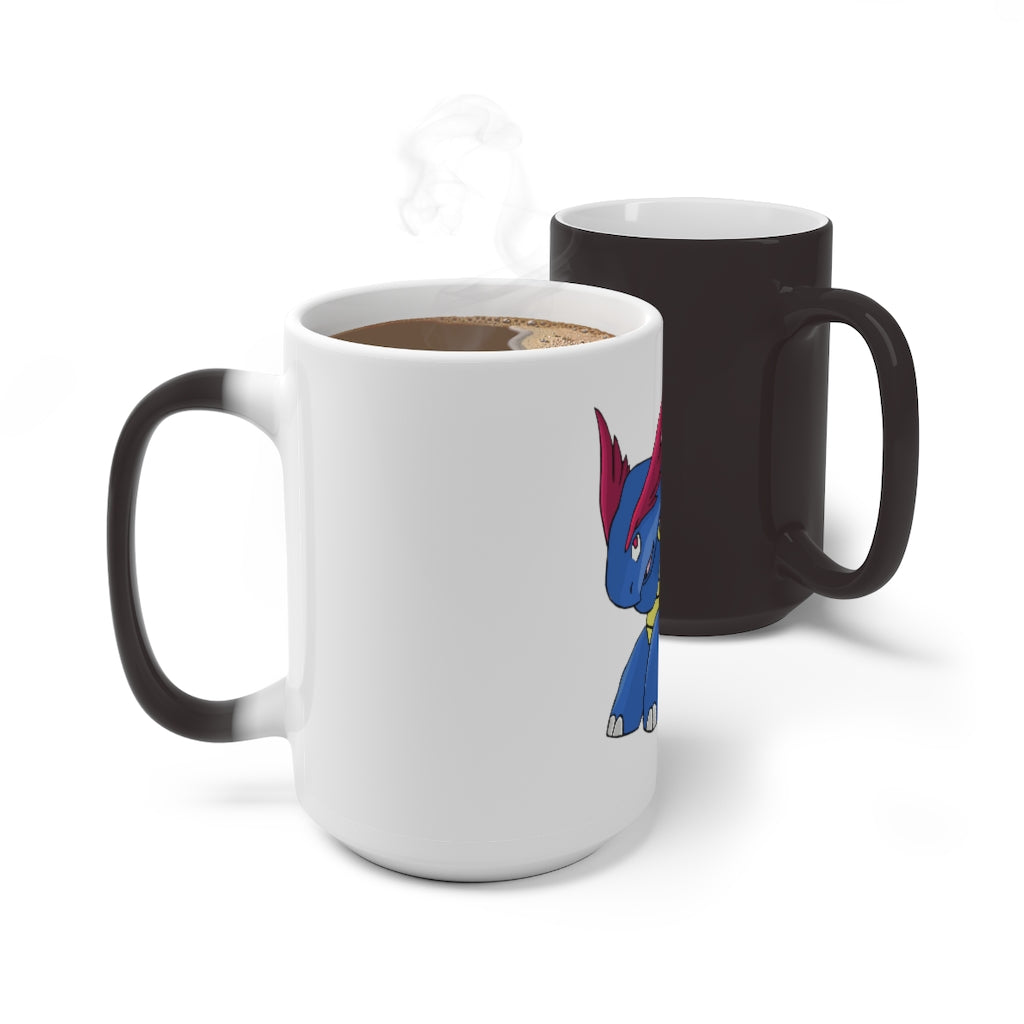 Squirtois Color Changing Mug showcasing vibrant colors when filled with a hot beverage, featuring a rounded design and C-handle.