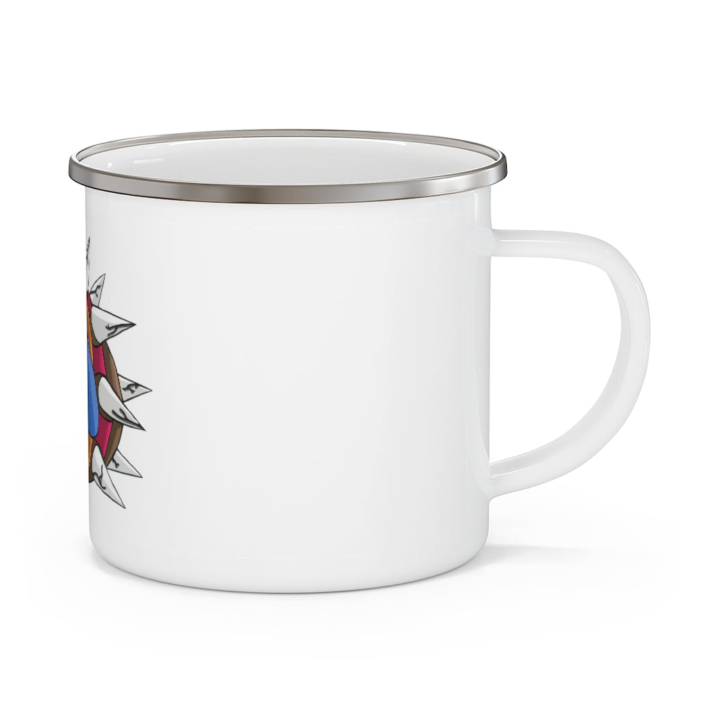 Squirtois Enamel Camping Mug with a C-handle, featuring a customizable design and durable enamel finish, perfect for outdoor adventures.