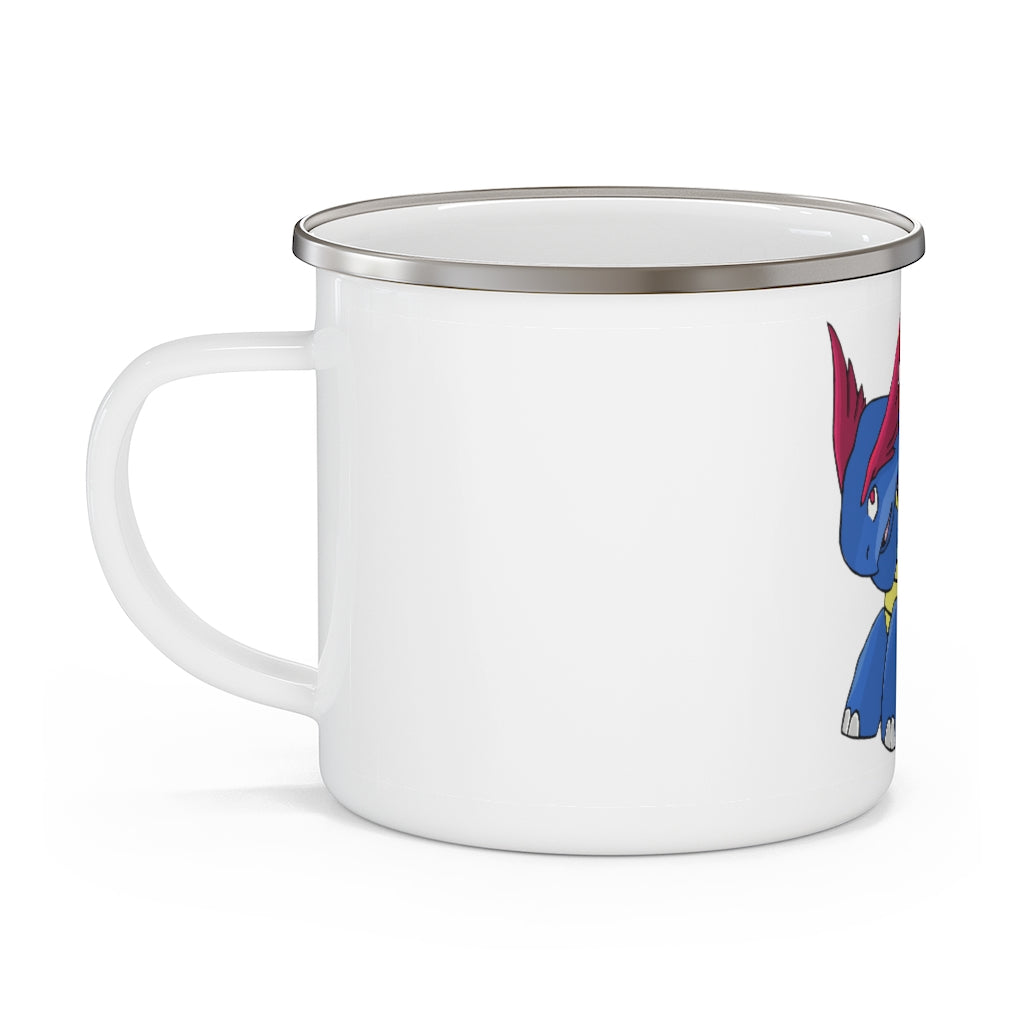 Squirtois Enamel Camping Mug with a C-handle, featuring a customizable design and durable enamel finish, perfect for outdoor adventures.