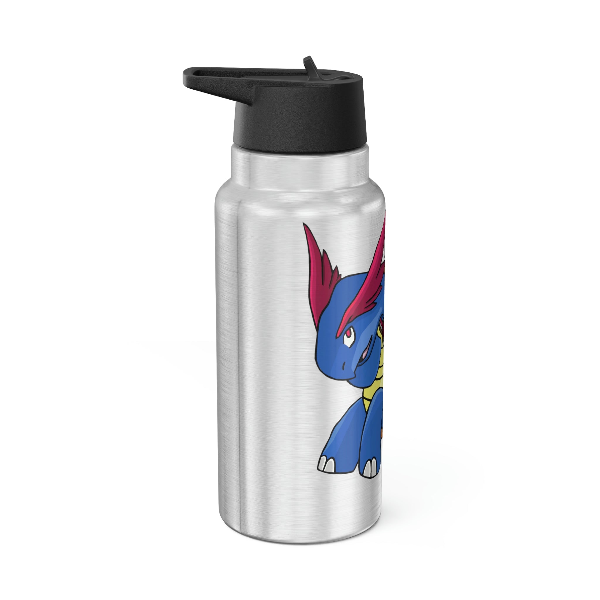 Squirtois Gator Tumbler, 32oz in stainless steel with a black plastic cap and straw, showcasing customizable design options.