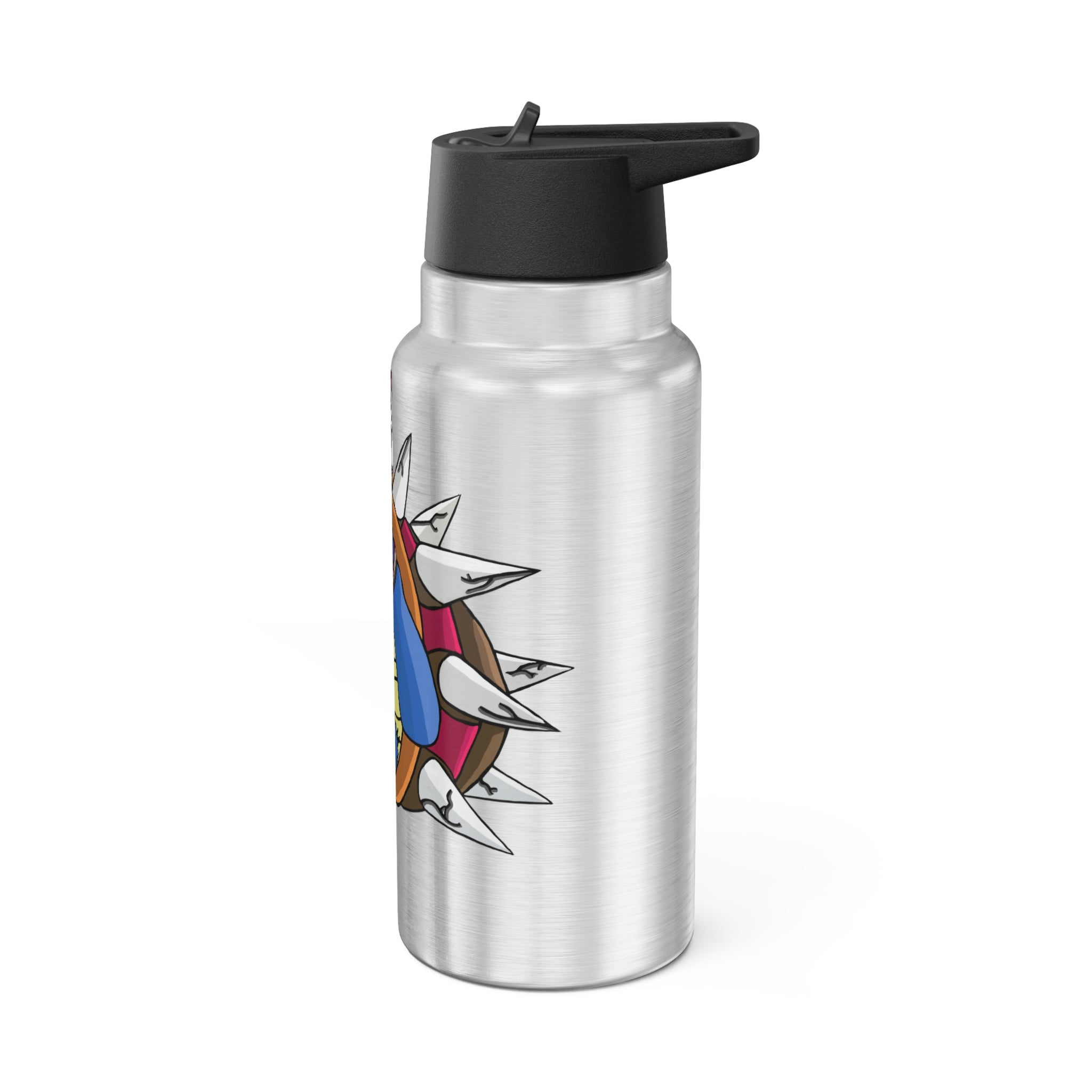 Squirtois Gator Tumbler, 32oz in stainless steel with a black plastic cap and straw, showcasing customizable design options.