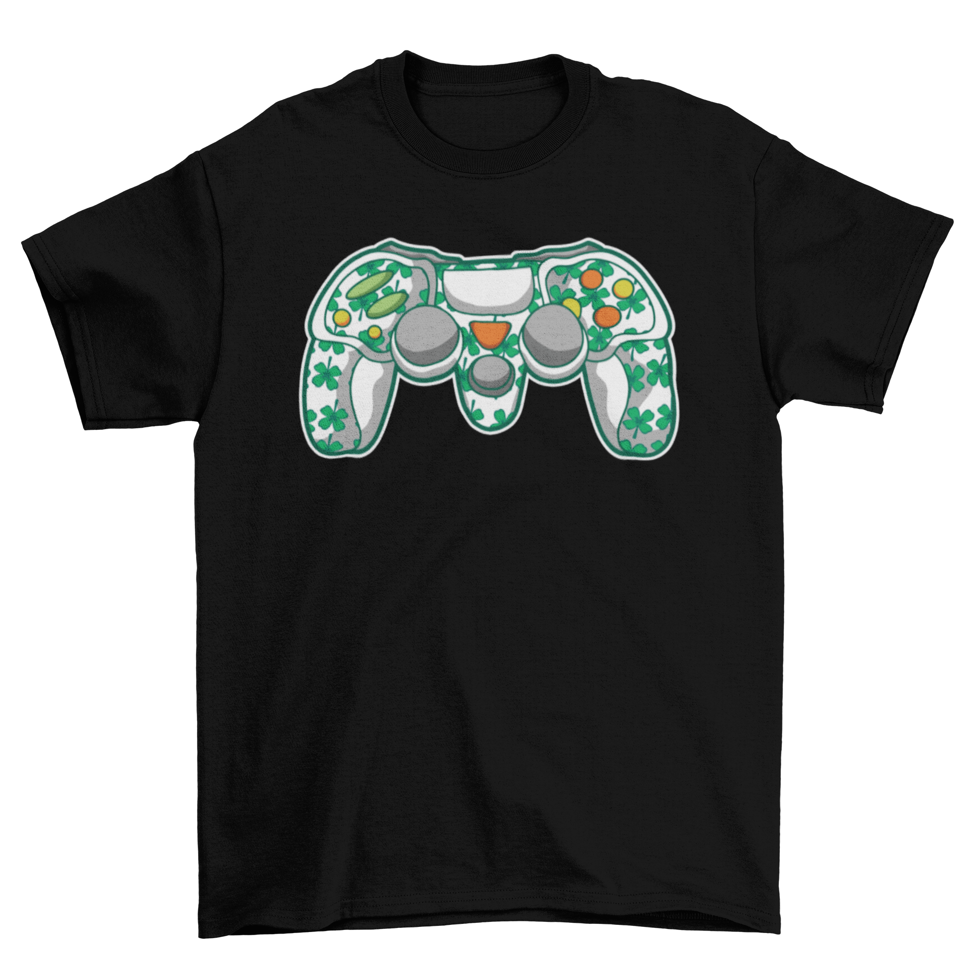 St. Patrick's Day t-shirt featuring a gaming controller and clovers design.