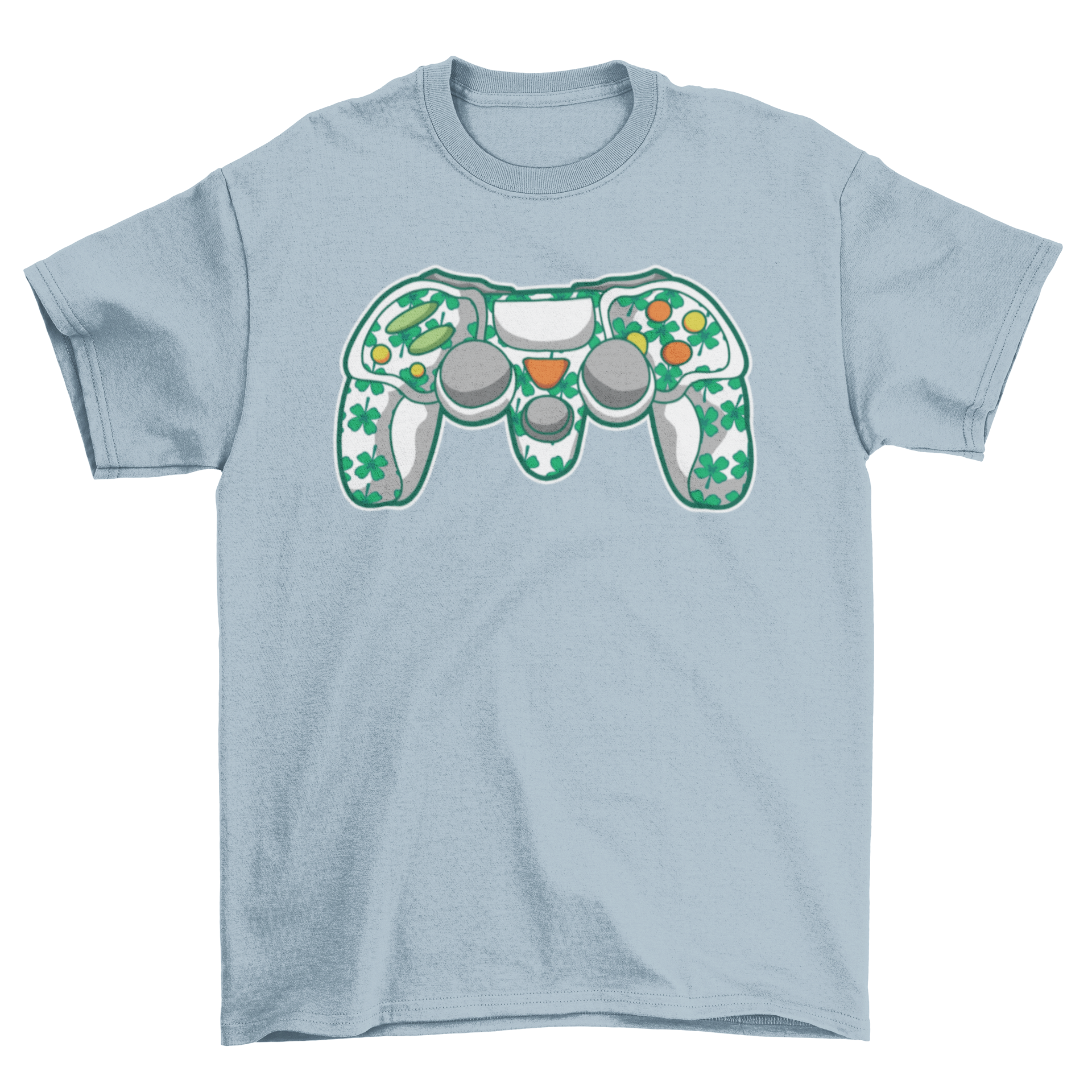 St. Patrick's Day t-shirt featuring a gaming controller and clovers design.