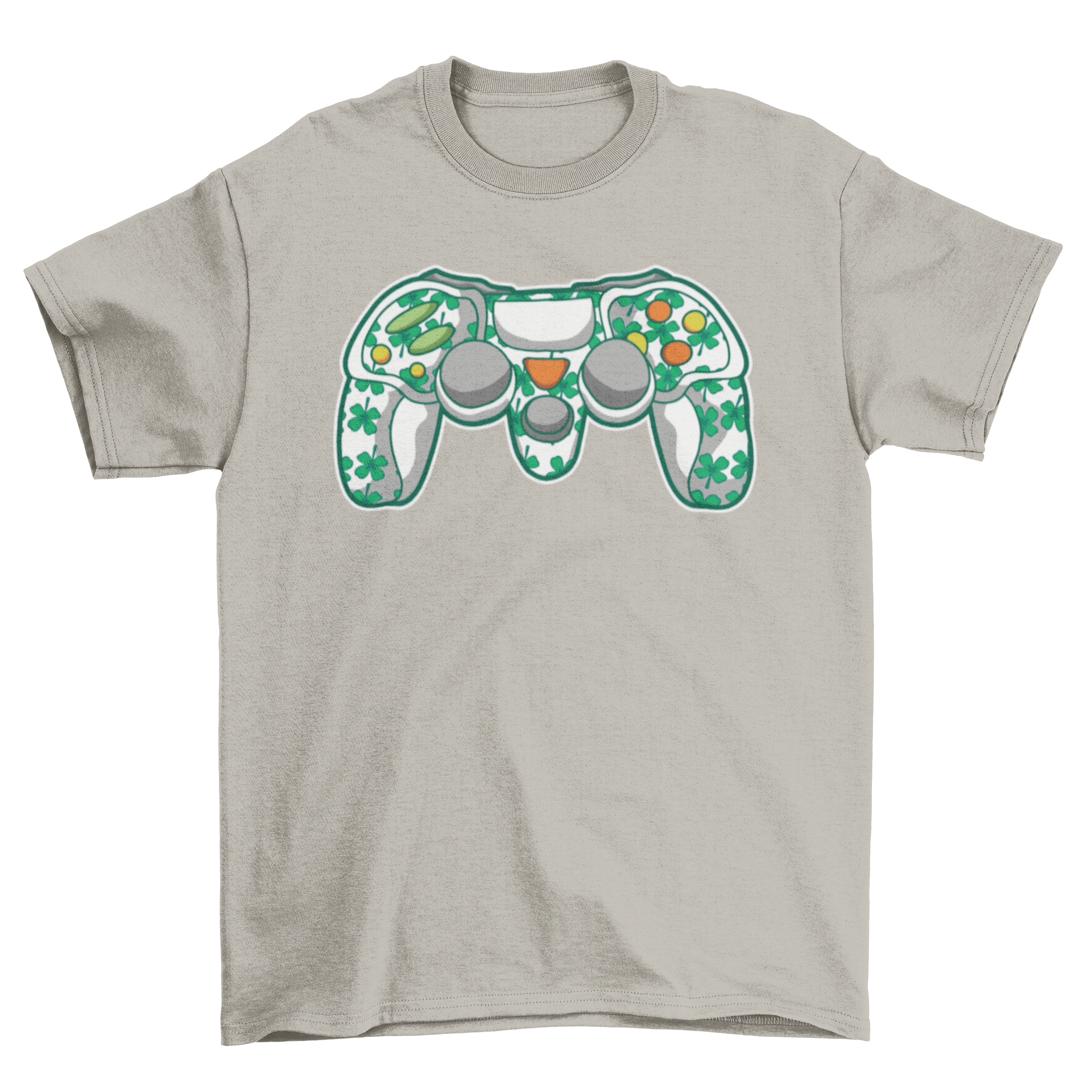 St. Patrick's Day t-shirt featuring a gaming controller and clovers design.