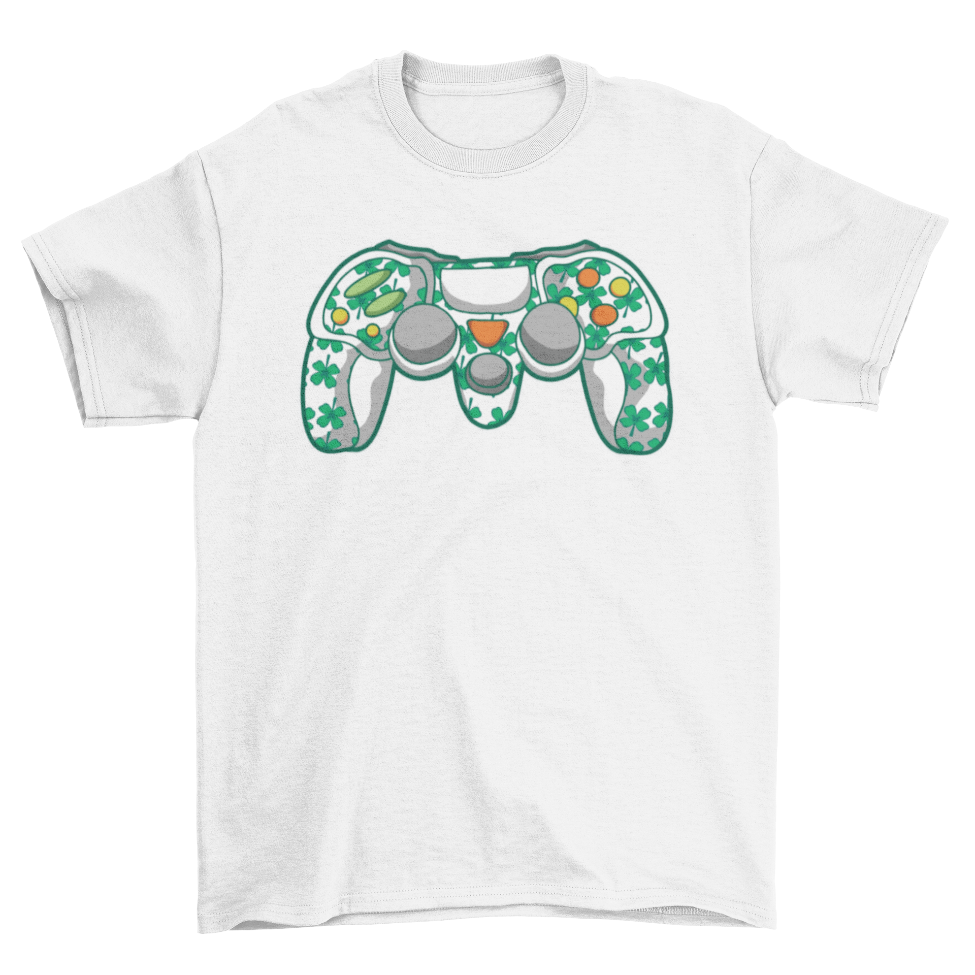 St. Patrick's Day t-shirt featuring a gaming controller and clovers design.