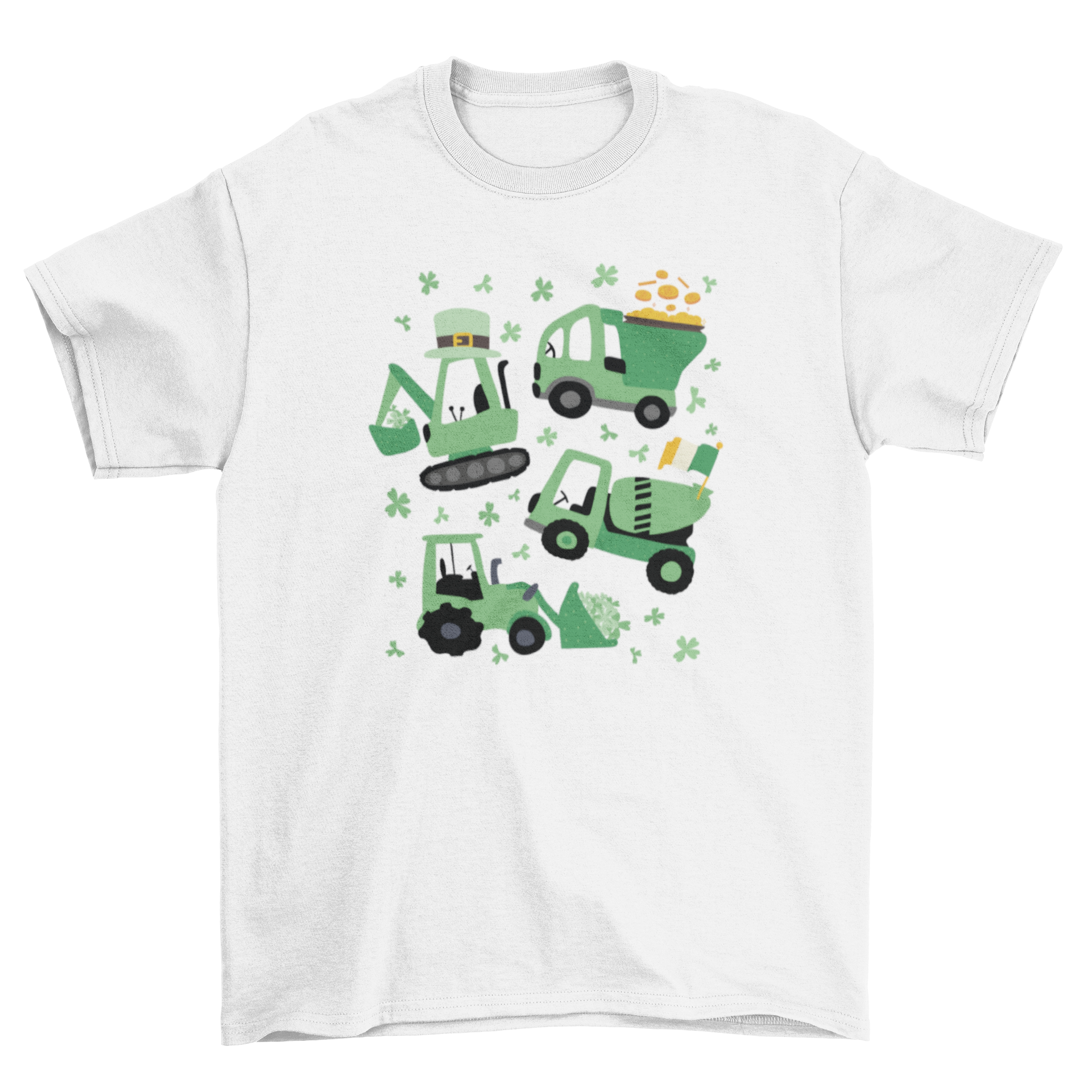 A vibrant St. Patrick's Day t-shirt featuring four crane trucks decorated with shamrocks, leprechaun hats, and gold coins.