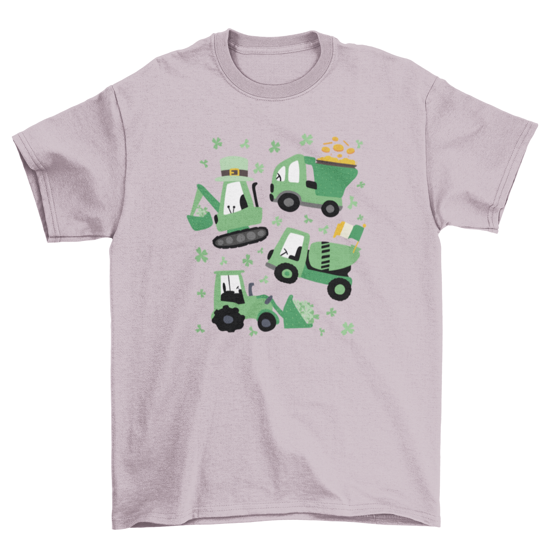 A vibrant St. Patrick's Day t-shirt featuring four crane trucks decorated with shamrocks, leprechaun hats, and gold coins.