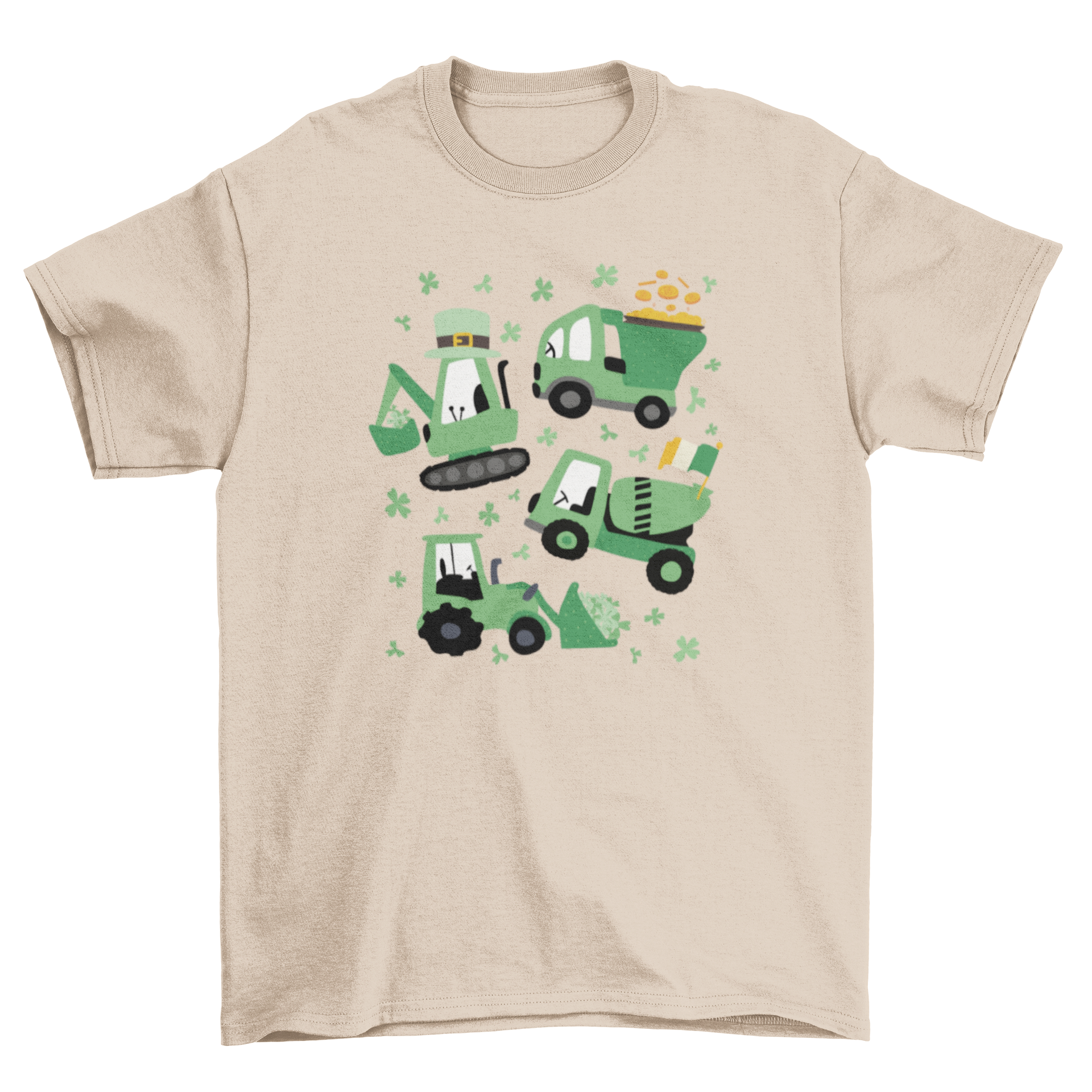 A vibrant St. Patrick's Day t-shirt featuring four crane trucks decorated with shamrocks, leprechaun hats, and gold coins.