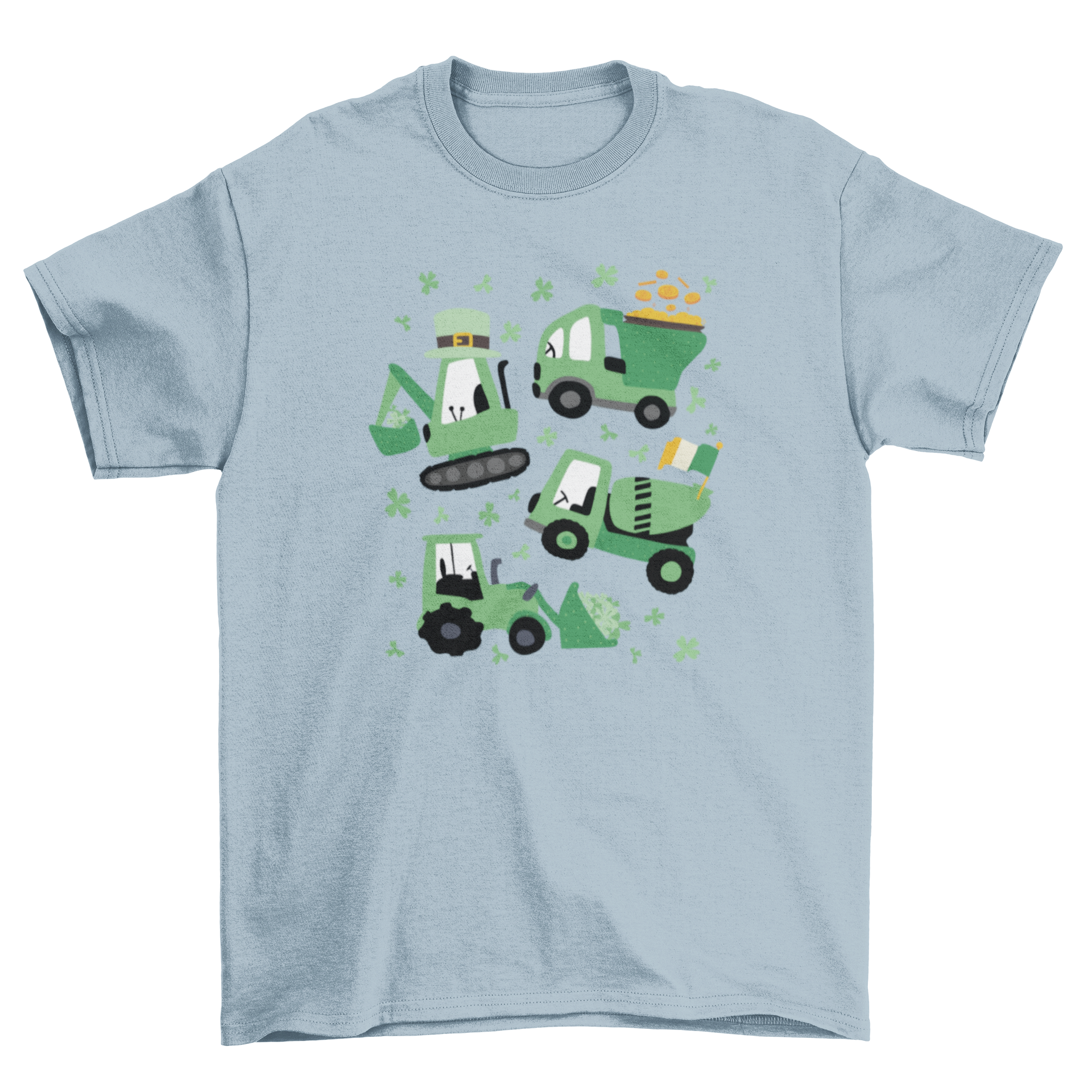 A vibrant St. Patrick's Day t-shirt featuring four crane trucks decorated with shamrocks, leprechaun hats, and gold coins.