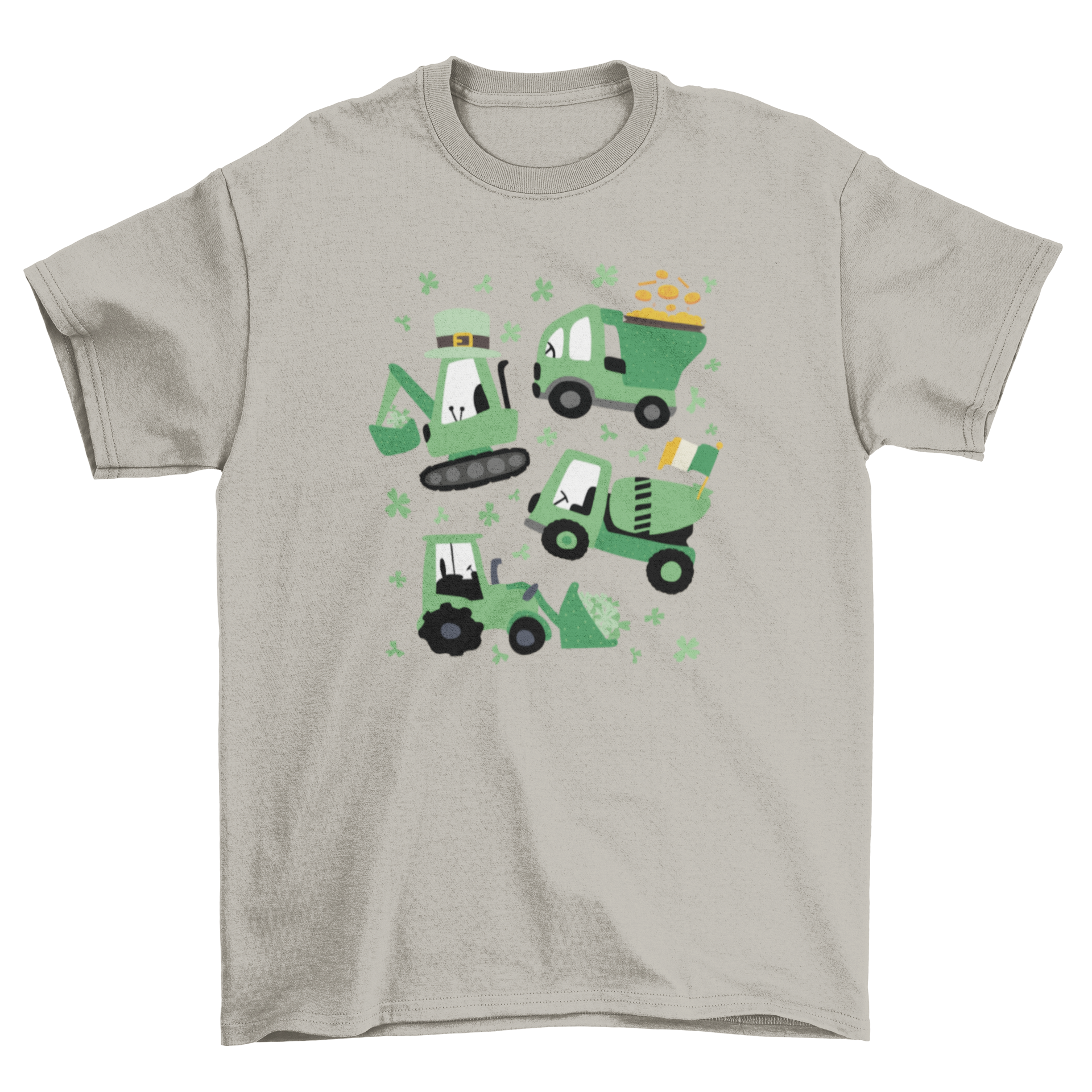 A vibrant St. Patrick's Day t-shirt featuring four crane trucks decorated with shamrocks, leprechaun hats, and gold coins.