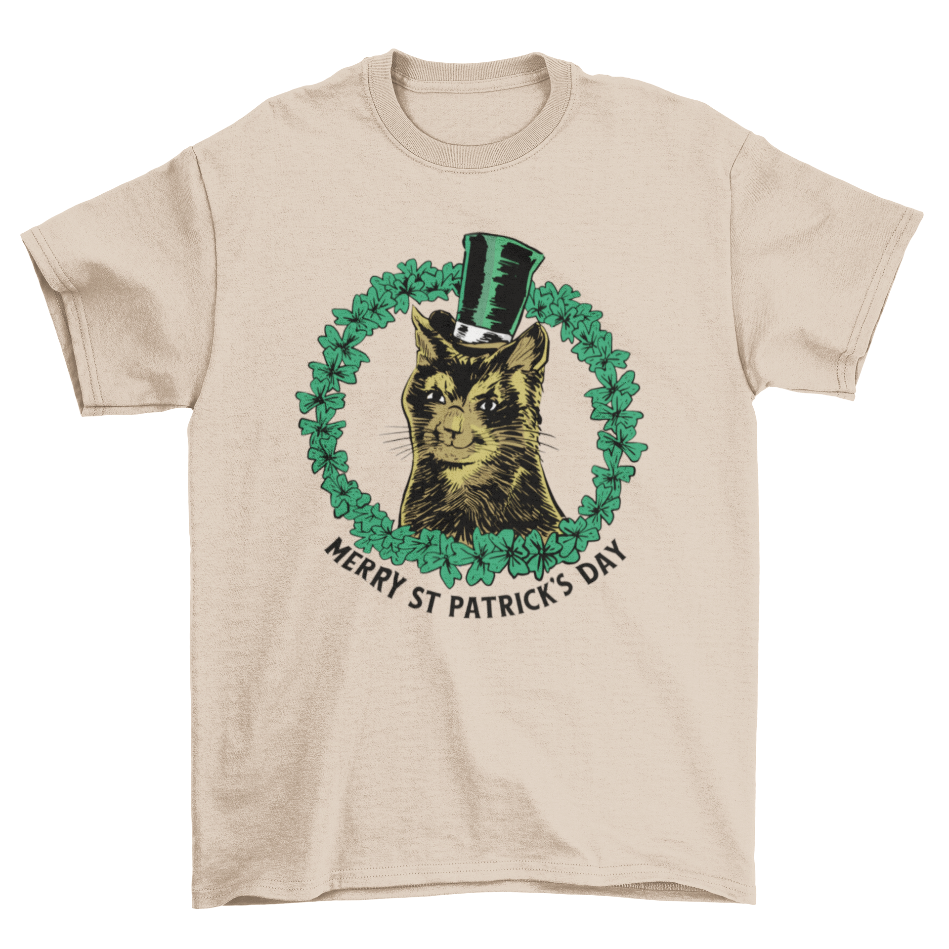 A stylish St. Patrick's Day t-shirt featuring a fancy cat and the quote 'Merry St Patrick's Day' in vibrant colors.