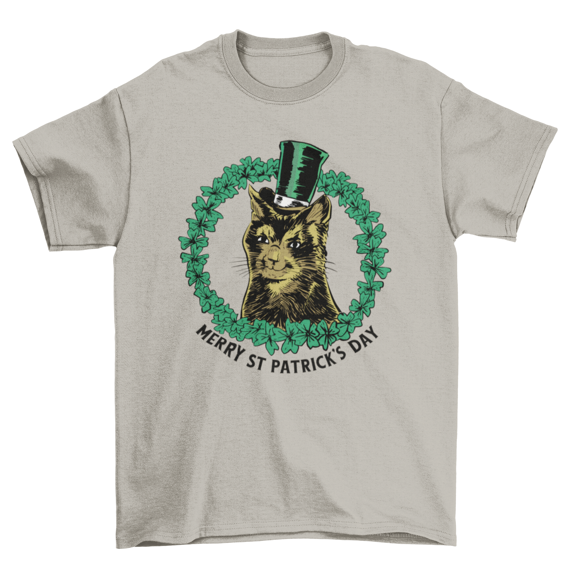 A stylish St. Patrick's Day t-shirt featuring a fancy cat and the quote 'Merry St Patrick's Day' in vibrant colors.