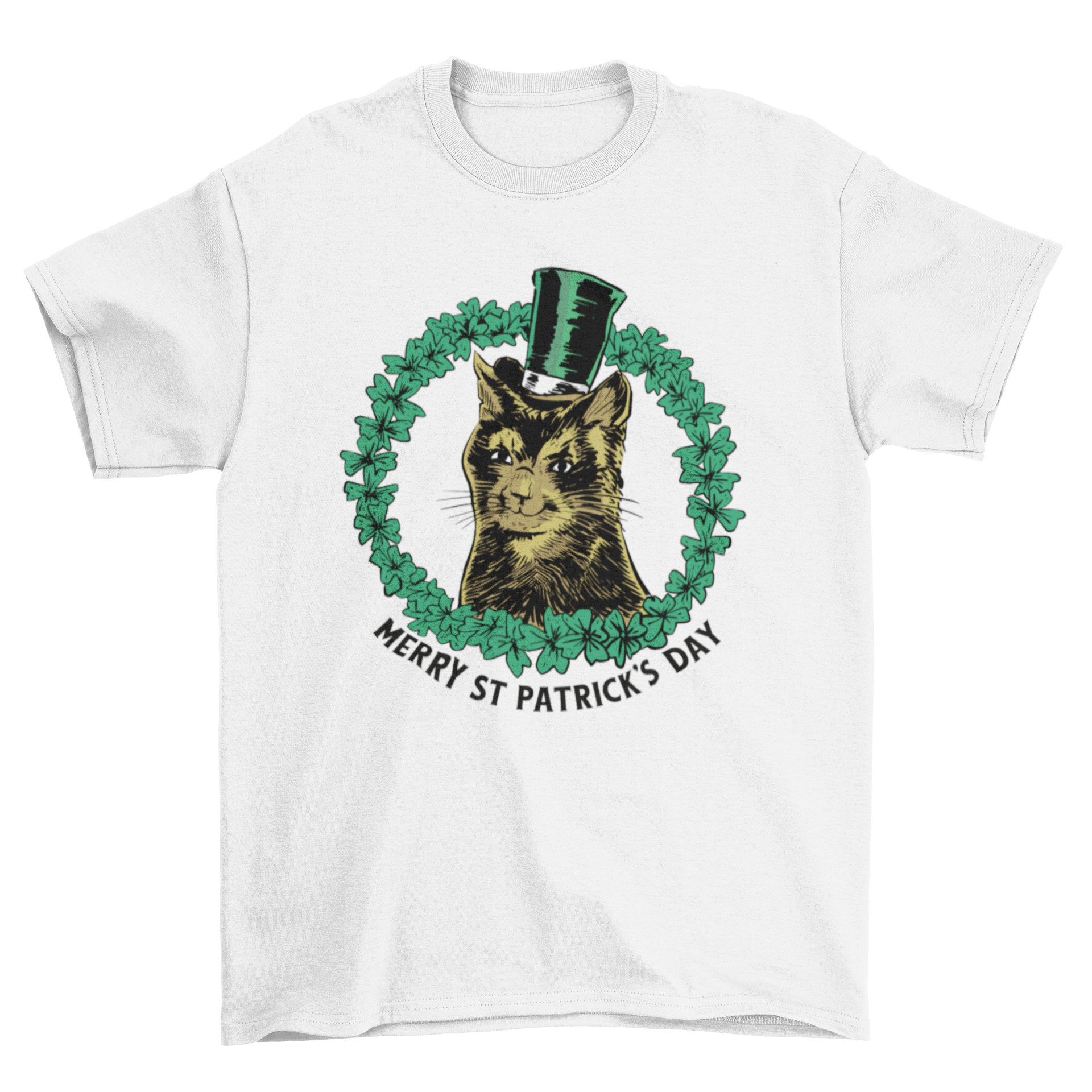 A stylish St. Patrick's Day t-shirt featuring a fancy cat and the quote 'Merry St Patrick's Day' in vibrant colors.