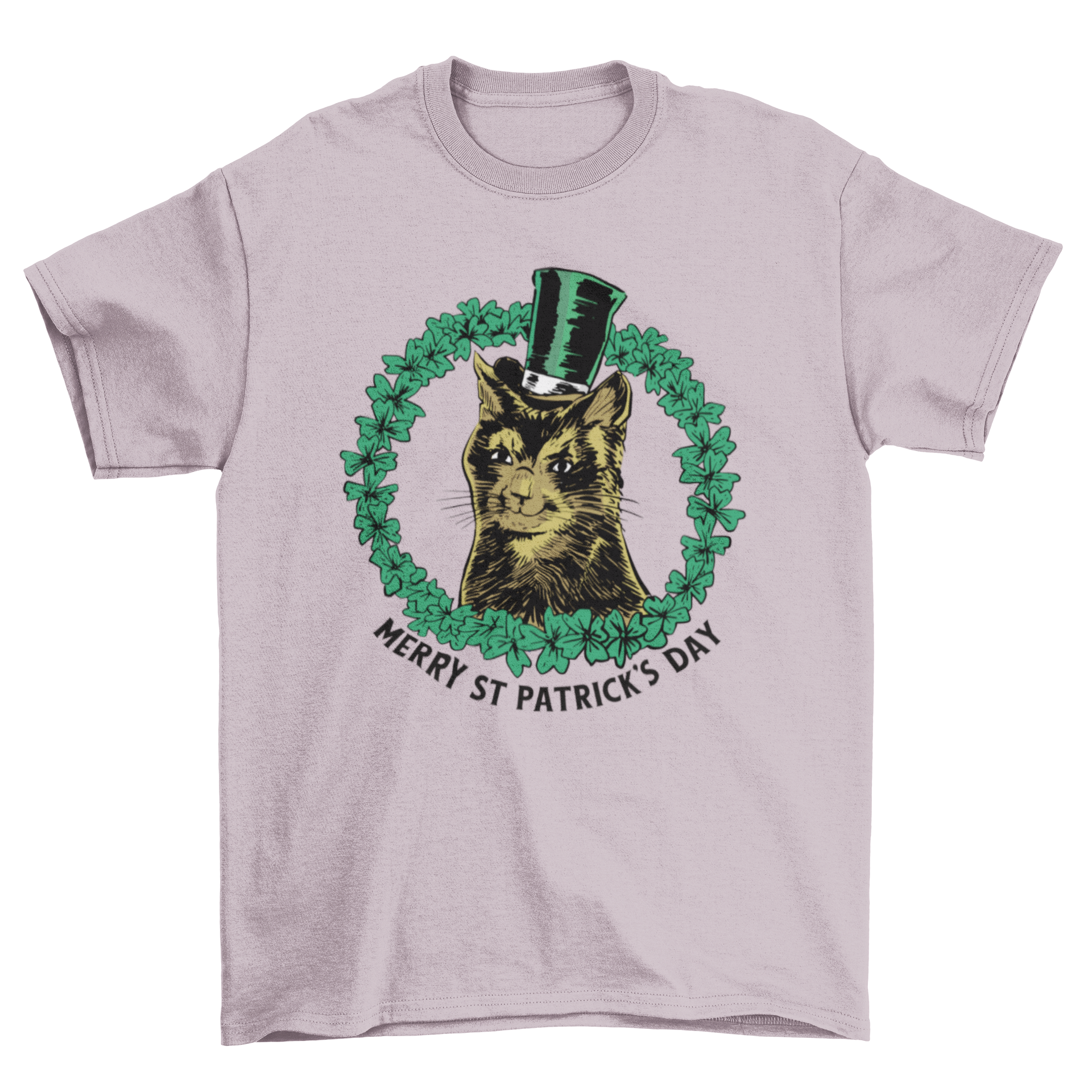 A stylish St. Patrick's Day t-shirt featuring a fancy cat and the quote 'Merry St Patrick's Day' in vibrant colors.