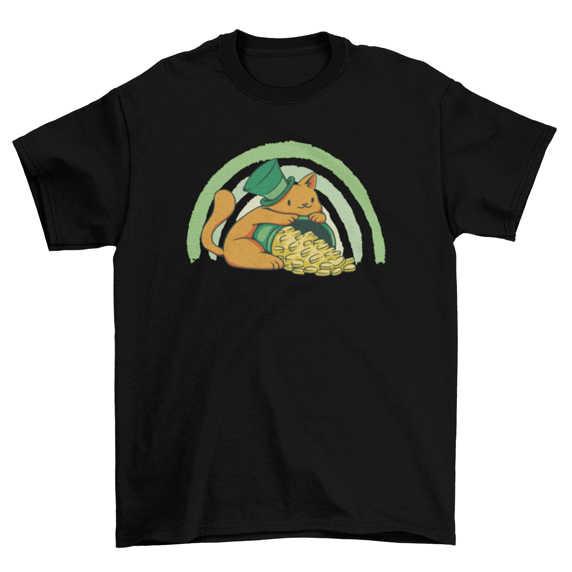 Adorable St. Patrick's Day t-shirt featuring a cute cat with a pot of gold design.