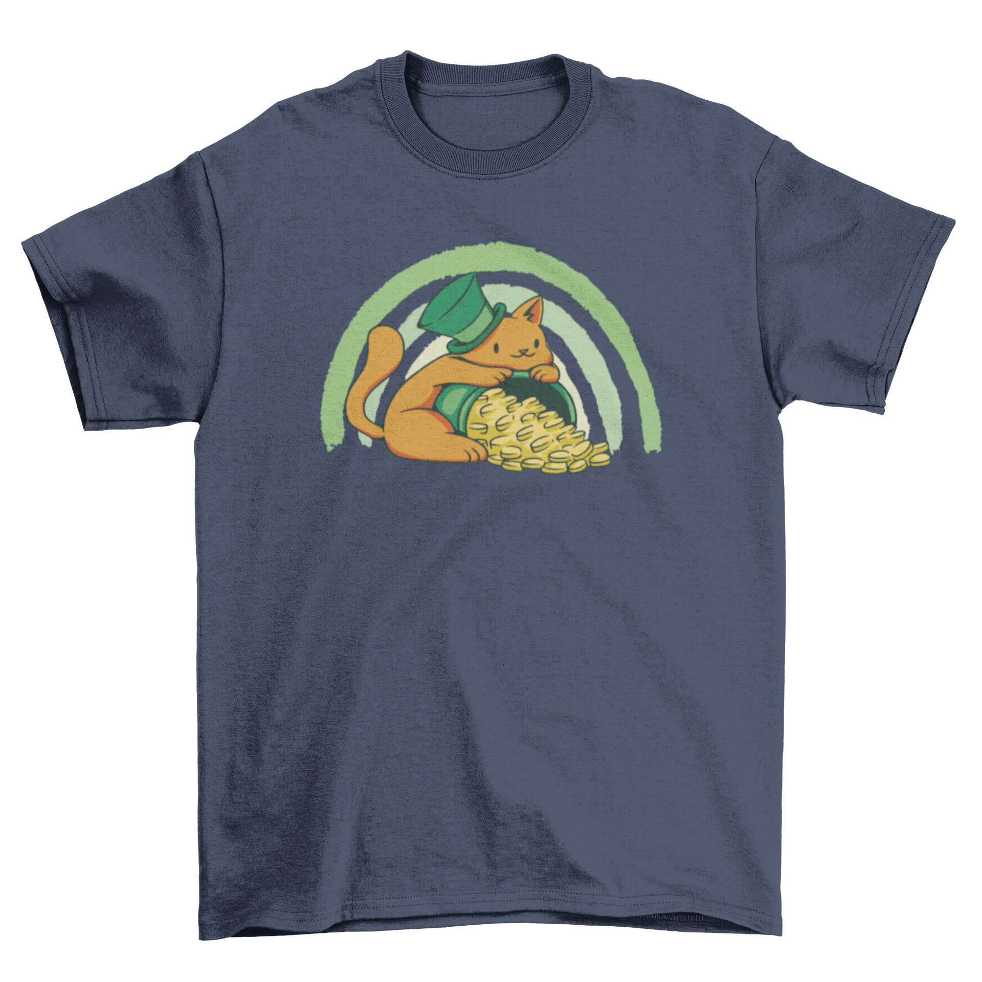 Adorable St. Patrick's Day t-shirt featuring a cute cat with a pot of gold design.