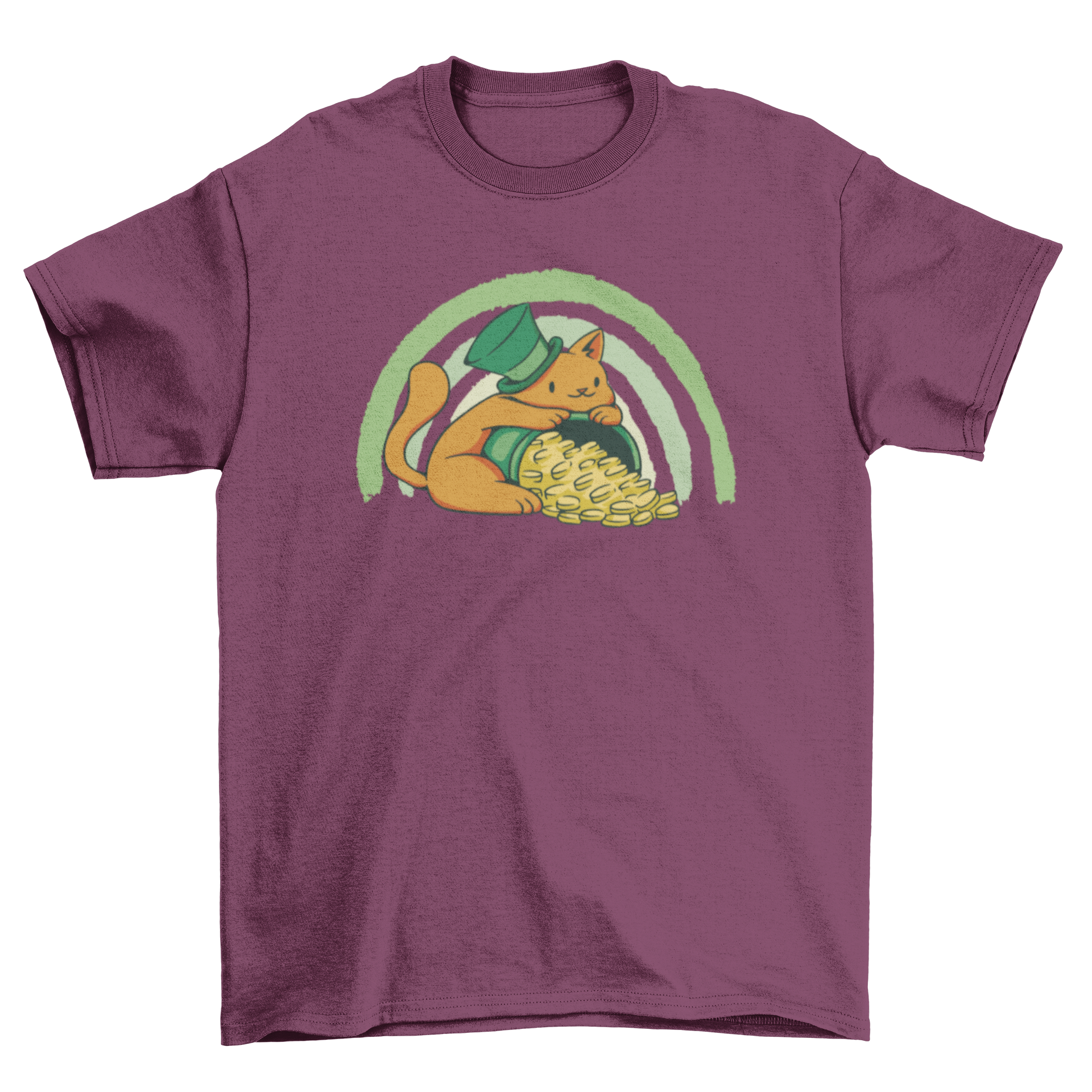 Adorable St. Patrick's Day t-shirt featuring a cute cat with a pot of gold design.