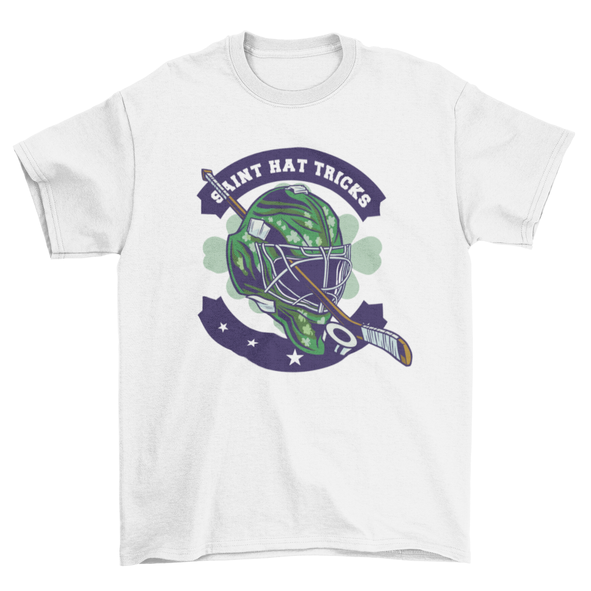 St. Patrick's Day t-shirt featuring a green helmet and hockey stick with the quote 'Saint hat tricks'.