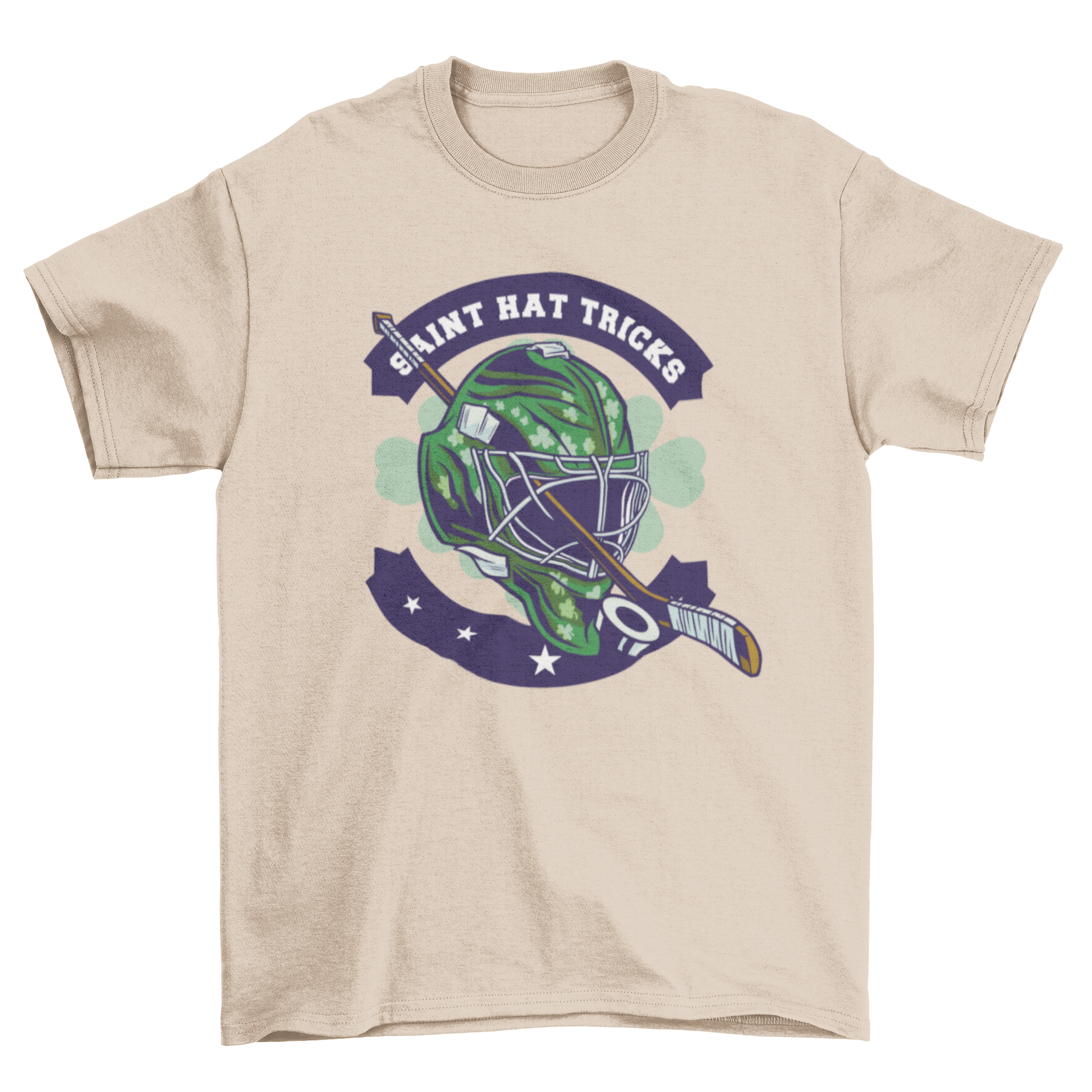 St. Patrick's Day t-shirt featuring a green helmet and hockey stick with the quote 'Saint hat tricks'.