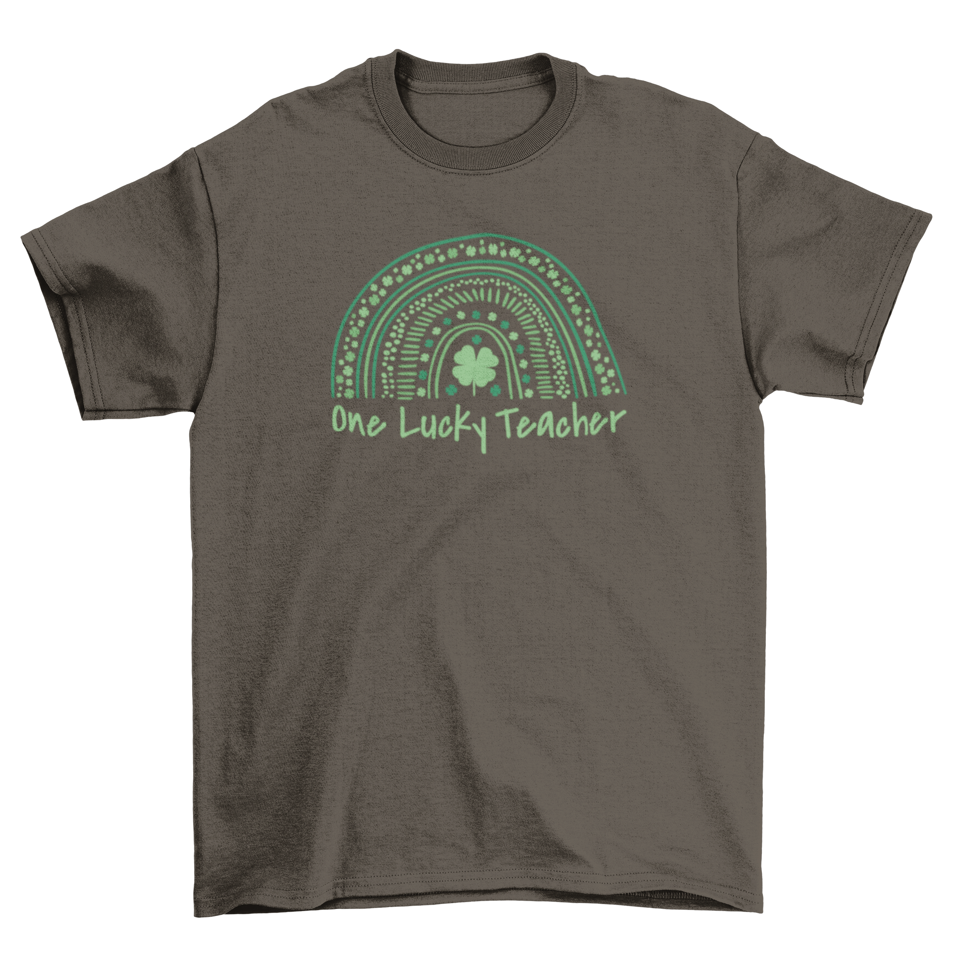 St. Patrick's Day teacher t-shirt featuring a green rainbow and shamrock with the quote 'One lucky teacher'.