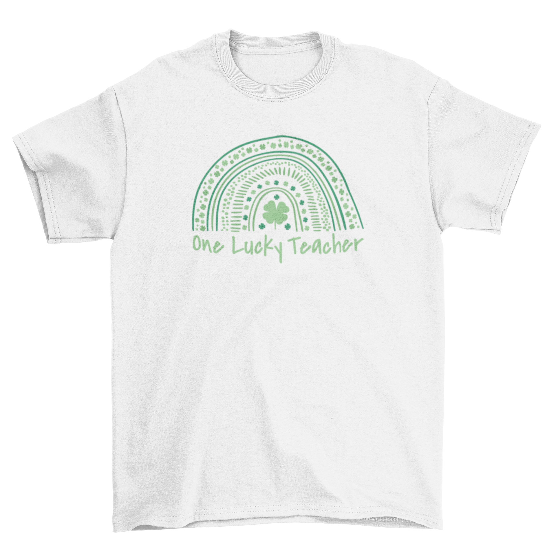 St. Patrick's Day teacher t-shirt featuring a green rainbow and shamrock with the quote 'One lucky teacher'.