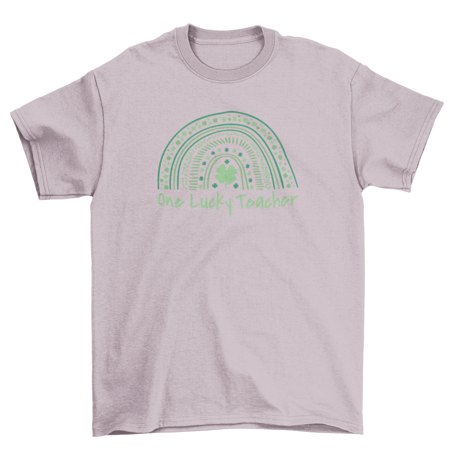 St. Patrick's Day teacher t-shirt featuring a green rainbow and shamrock with the quote 'One lucky teacher'.