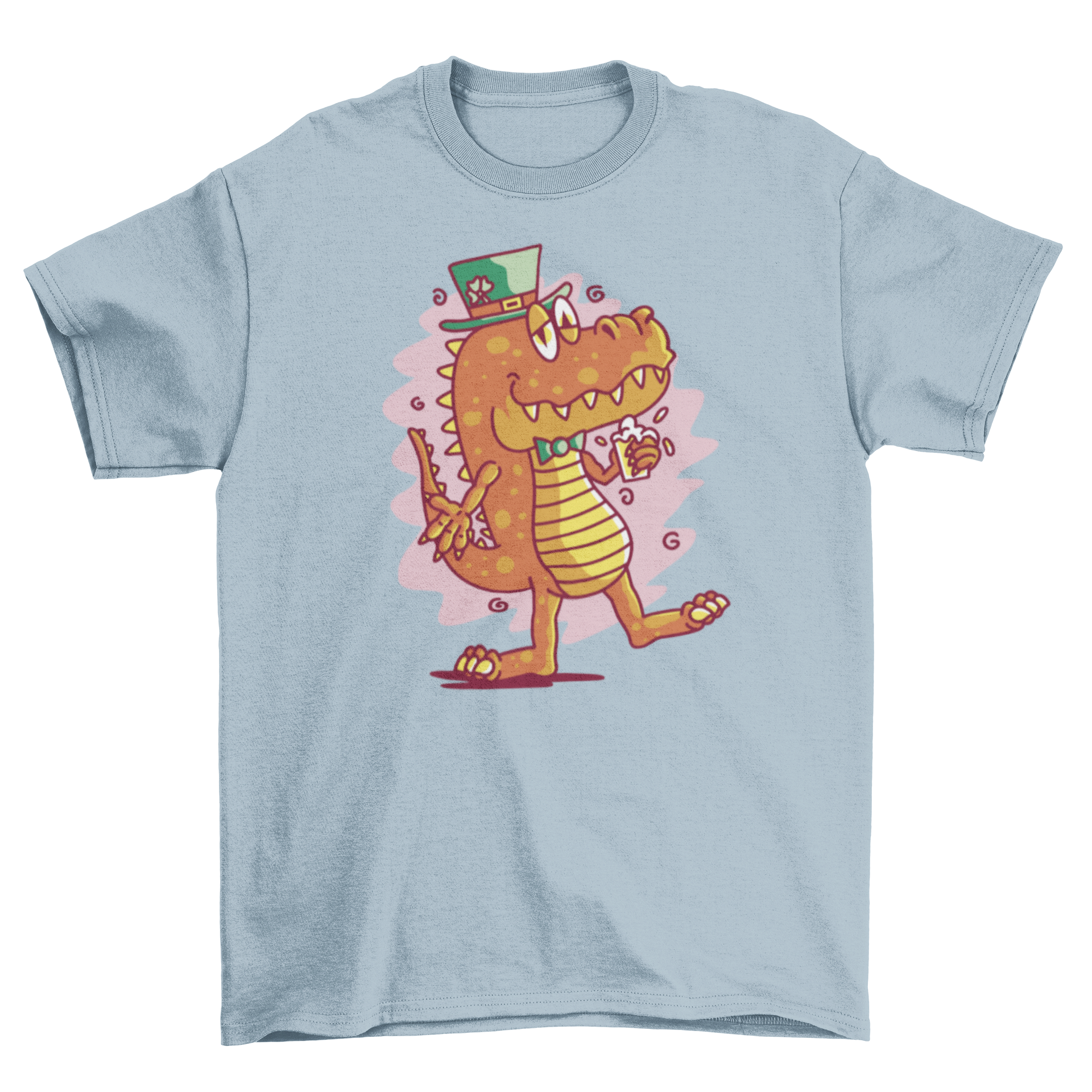 A humorous St. Patrick's Day t-shirt featuring a cartoon t-rex holding a drink, perfect for festive celebrations.