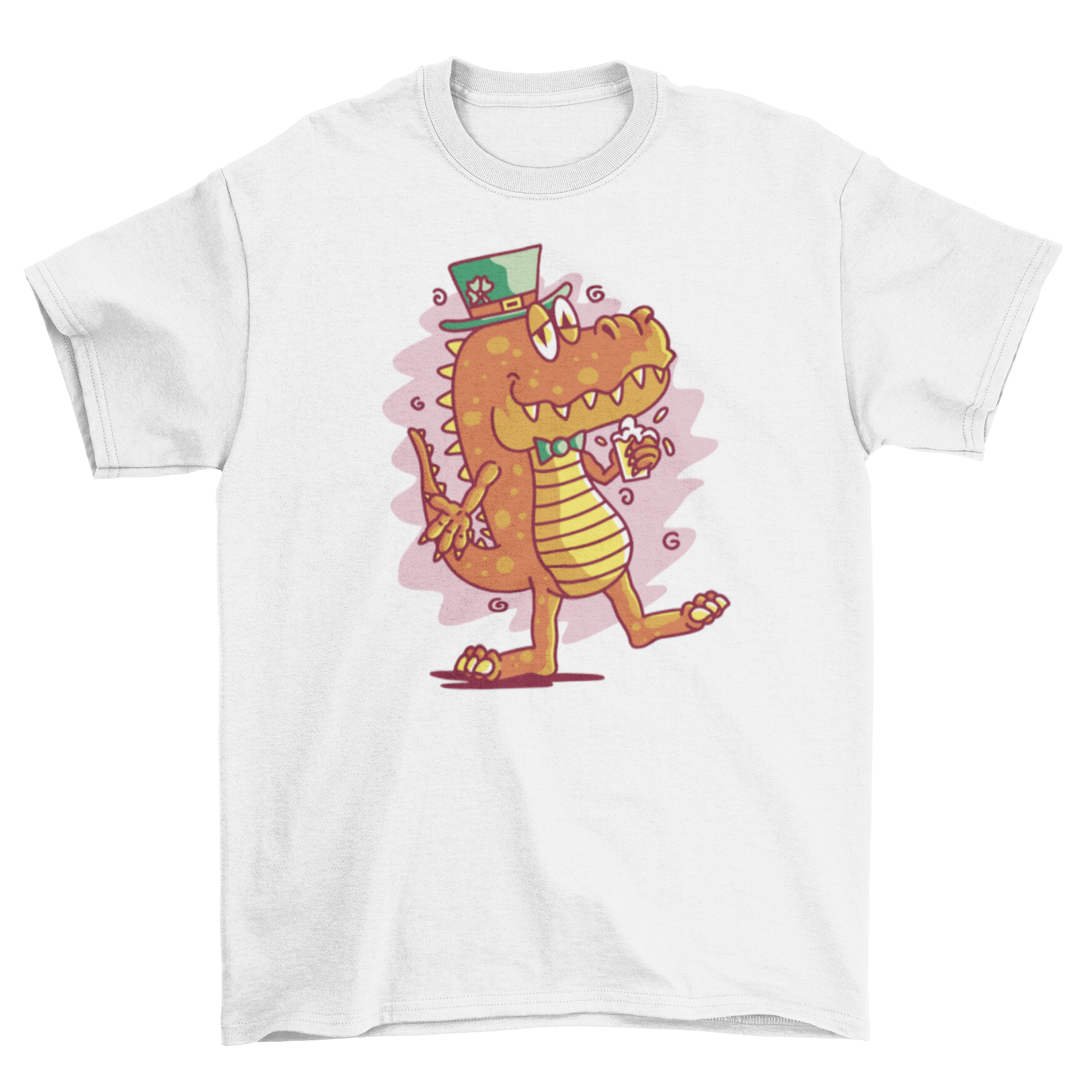 A humorous St. Patrick's Day t-shirt featuring a cartoon t-rex holding a drink, perfect for festive celebrations.