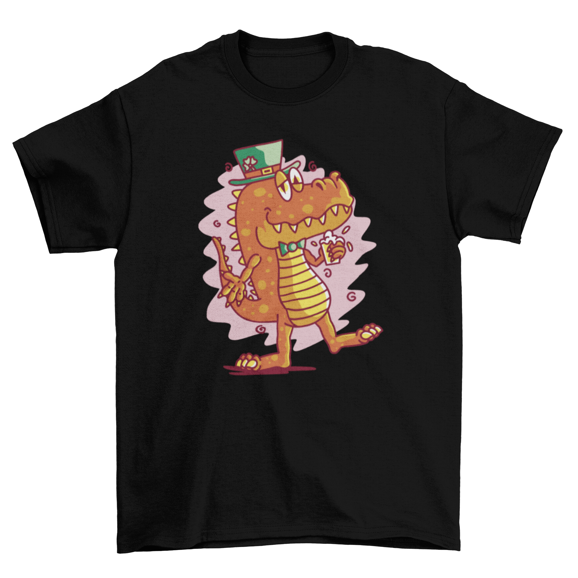 A humorous St. Patrick's Day t-shirt featuring a cartoon t-rex holding a drink, perfect for festive celebrations.