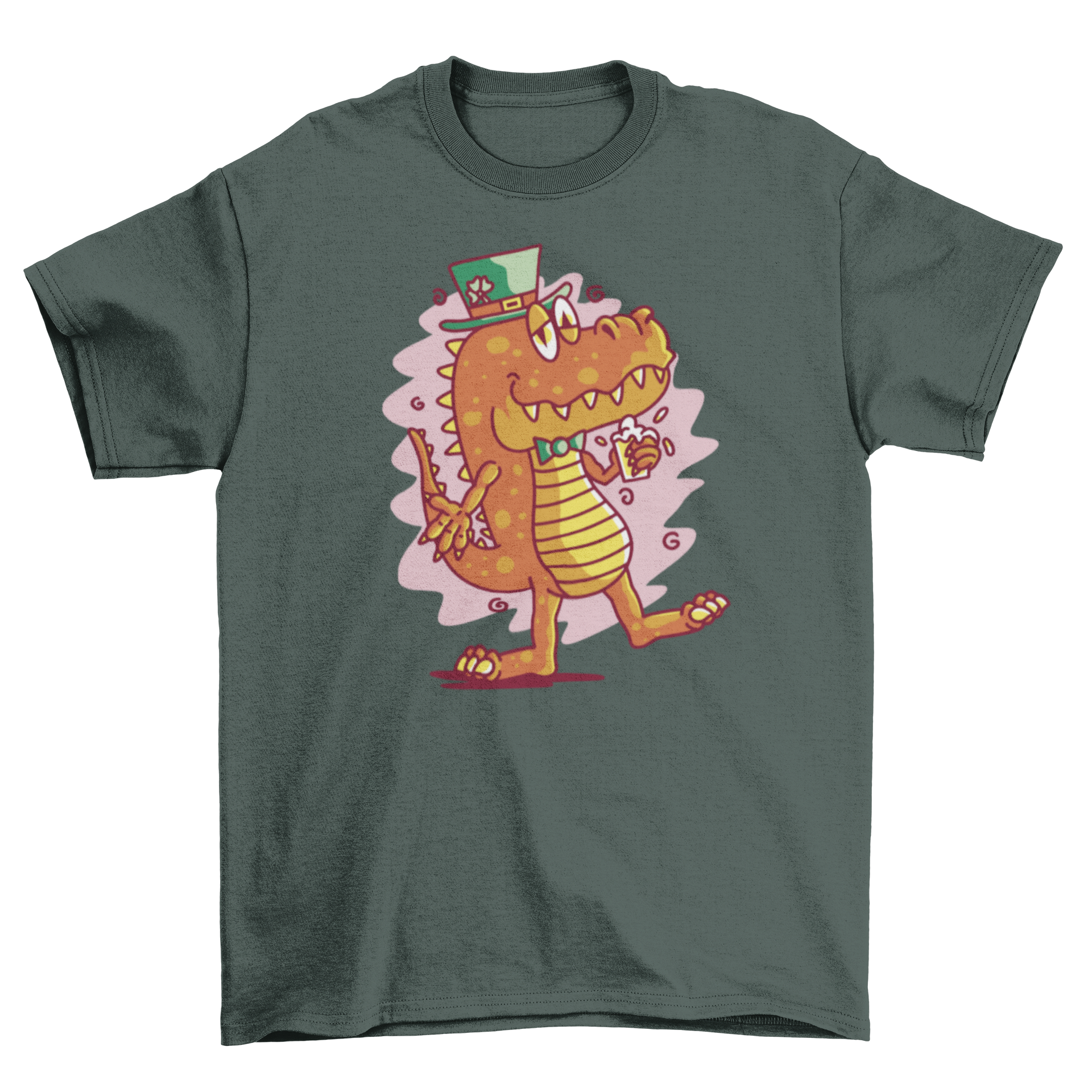 A humorous St. Patrick's Day t-shirt featuring a cartoon t-rex holding a drink, perfect for festive celebrations.