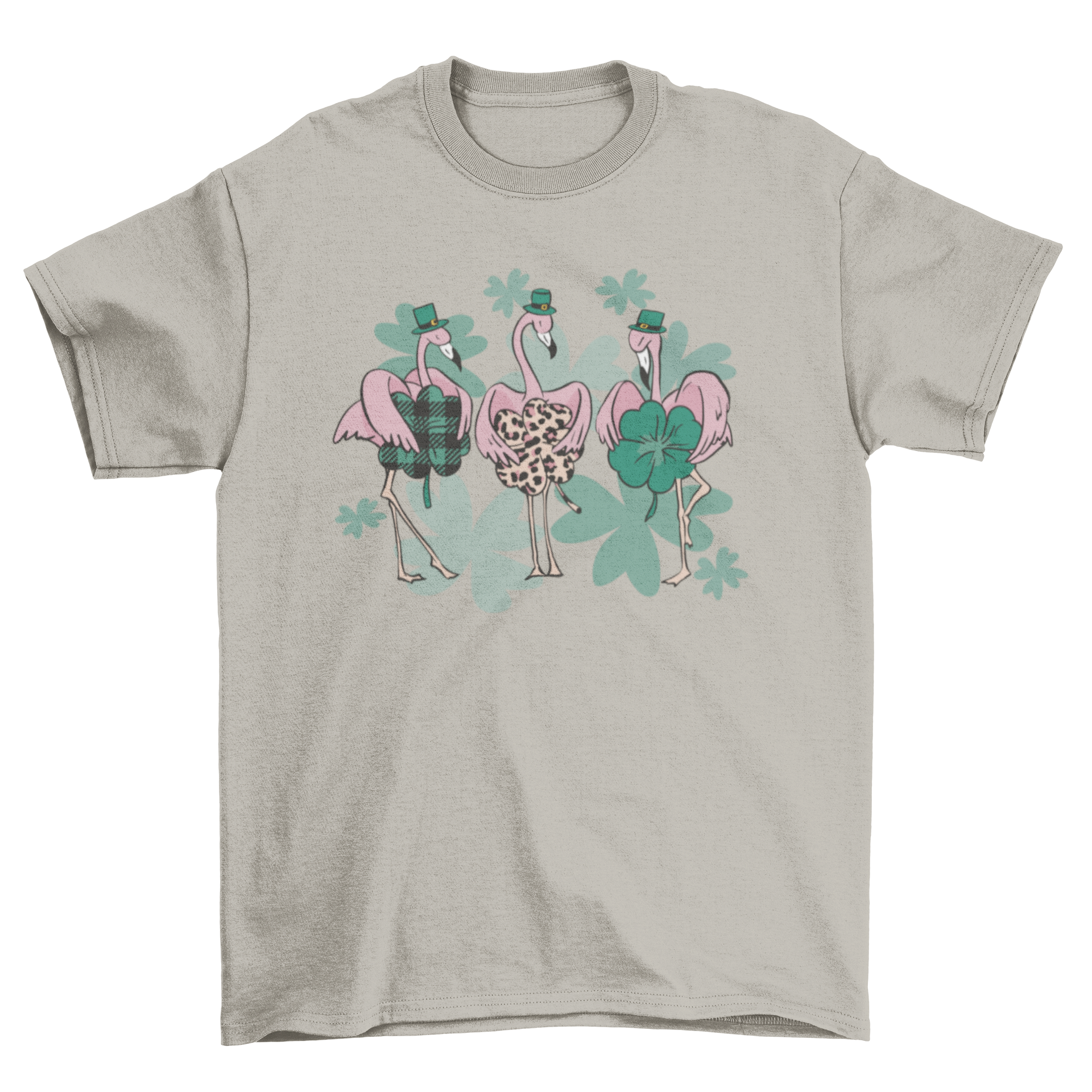 A vibrant St. Patrick's Day t-shirt featuring three Irish flamingos wearing green hats and holding shamrocks.