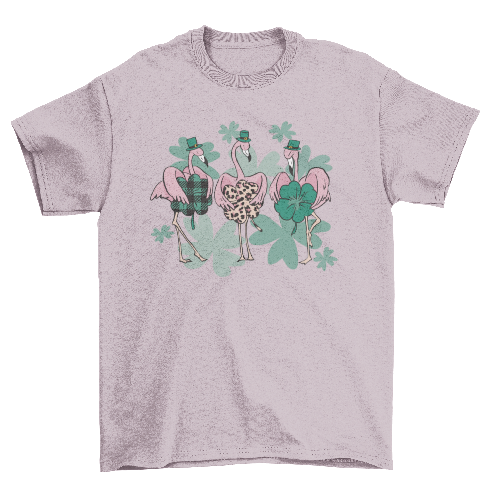 A vibrant St. Patrick's Day t-shirt featuring three Irish flamingos wearing green hats and holding shamrocks.