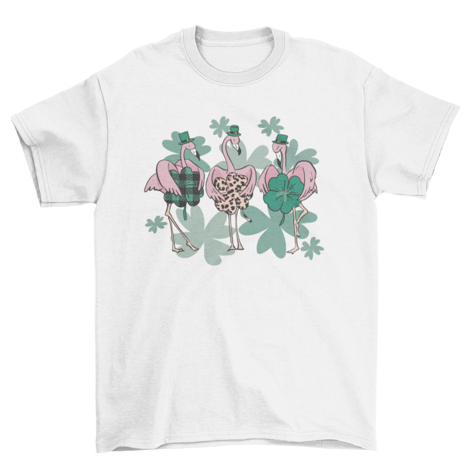 A vibrant St. Patrick's Day t-shirt featuring three Irish flamingos wearing green hats and holding shamrocks.