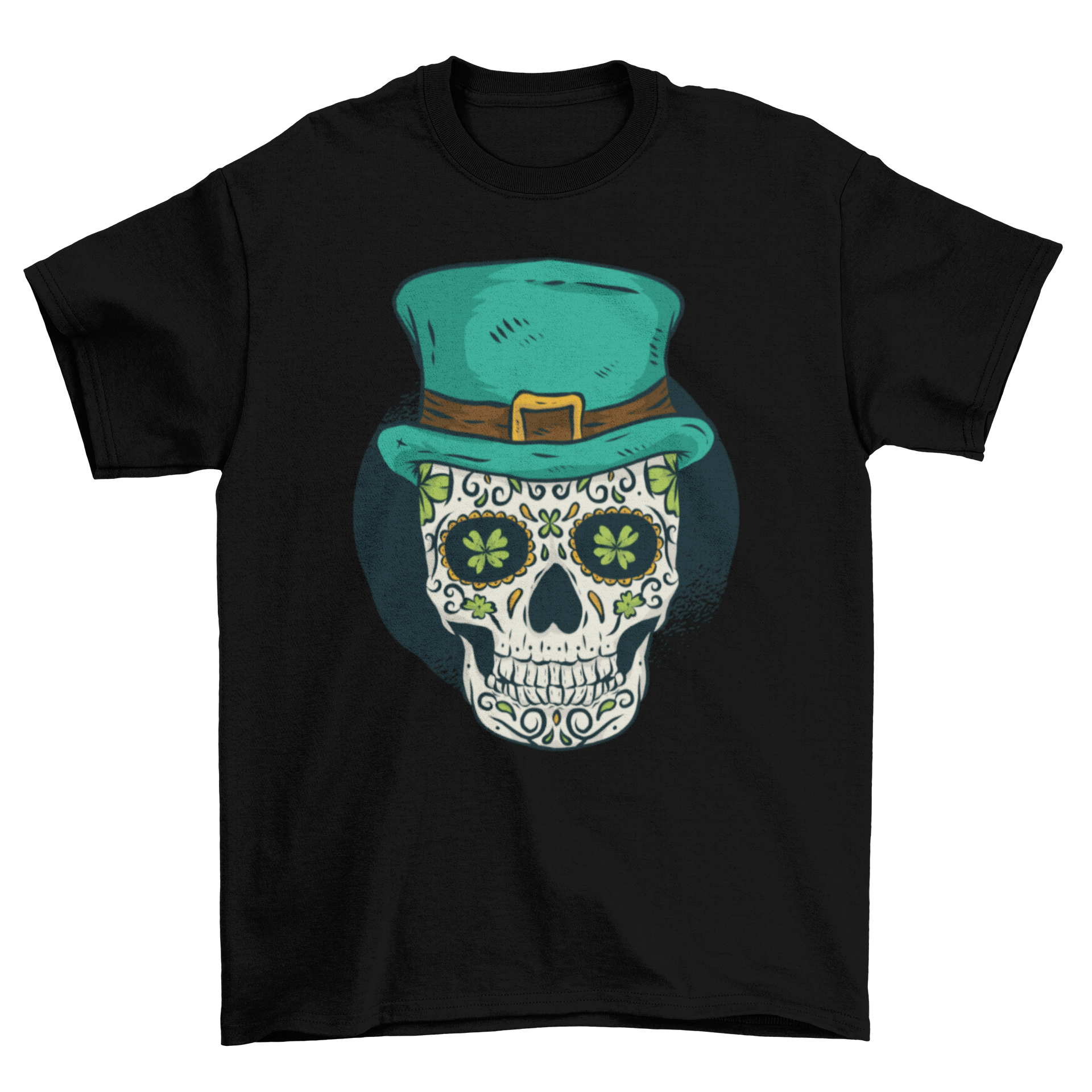 St. Patrick's Skull T-Shirt featuring a colorful sugar skull with shamrocks and a green hat, perfect for St. Patrick's Day celebrations.