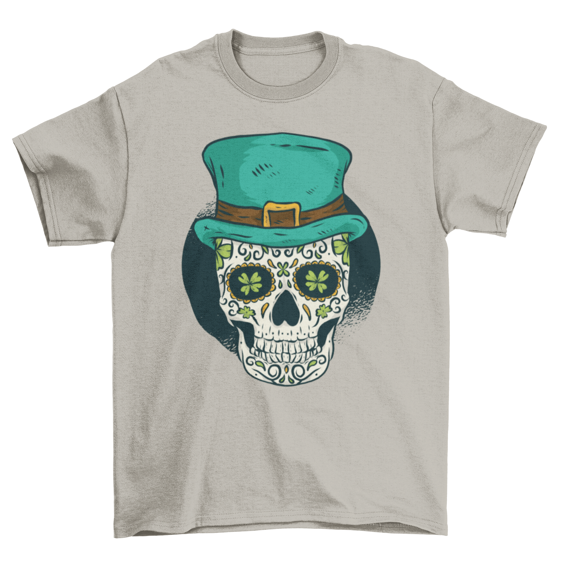 St. Patrick's Skull T-Shirt featuring a colorful sugar skull with shamrocks and a green hat, perfect for St. Patrick's Day celebrations.