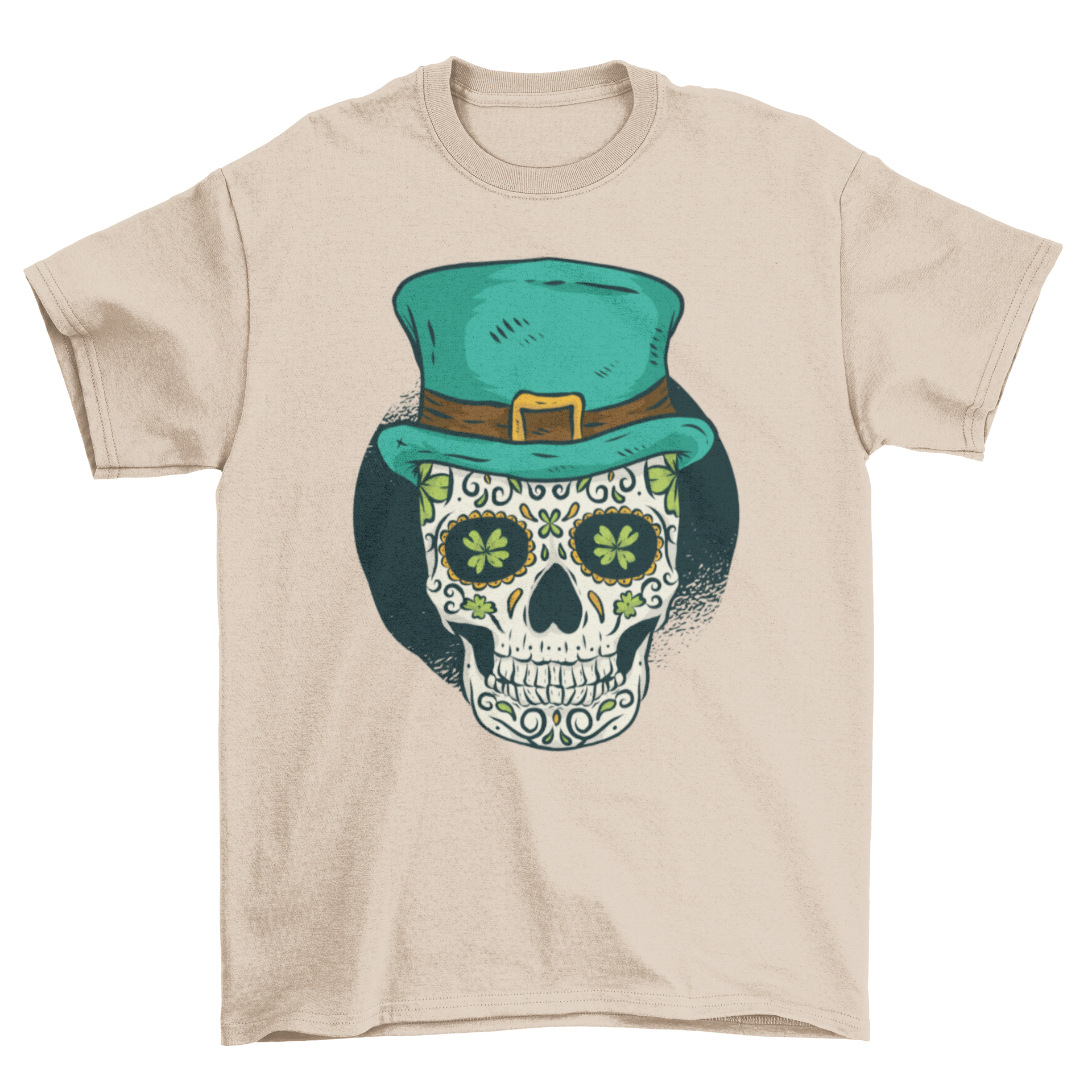 St. Patrick's Skull T-Shirt featuring a colorful sugar skull with shamrocks and a green hat, perfect for St. Patrick's Day celebrations.