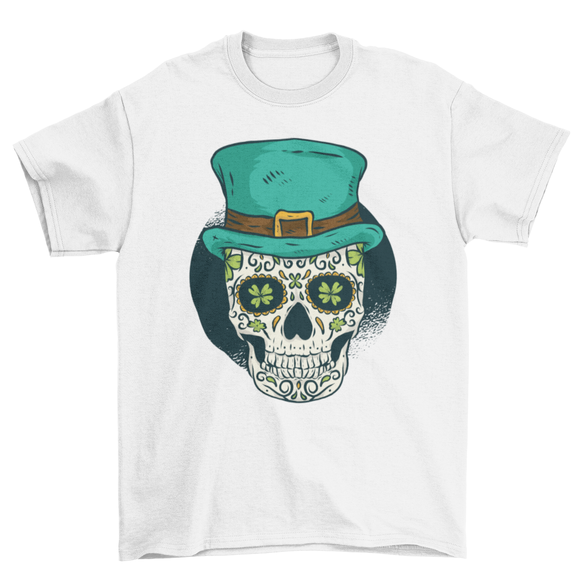 St. Patrick's Skull T-Shirt featuring a colorful sugar skull with shamrocks and a green hat, perfect for St. Patrick's Day celebrations.