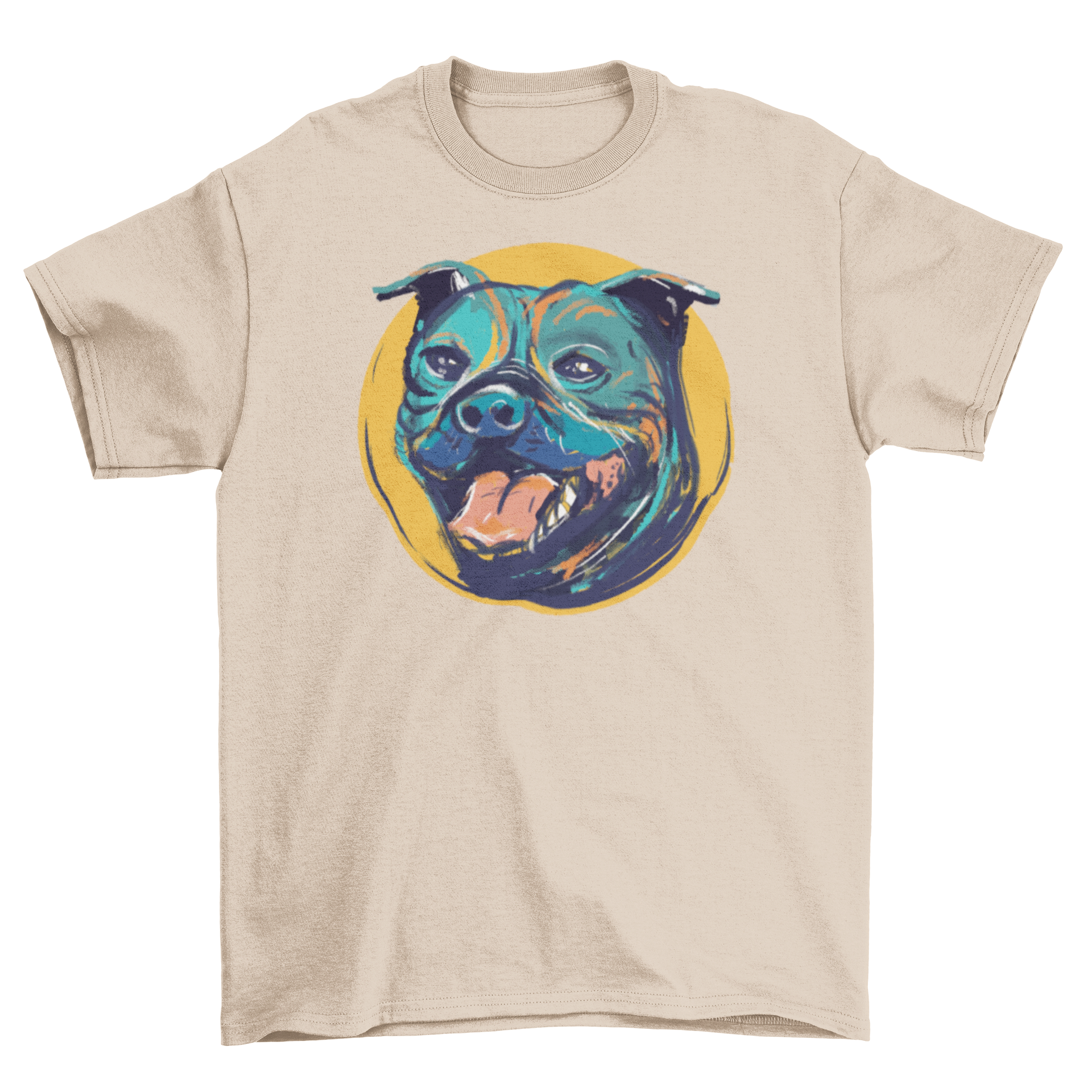 A stylish t-shirt featuring a watercolor design of a Staffordshire bull terrier, showcasing its unique features and charm.