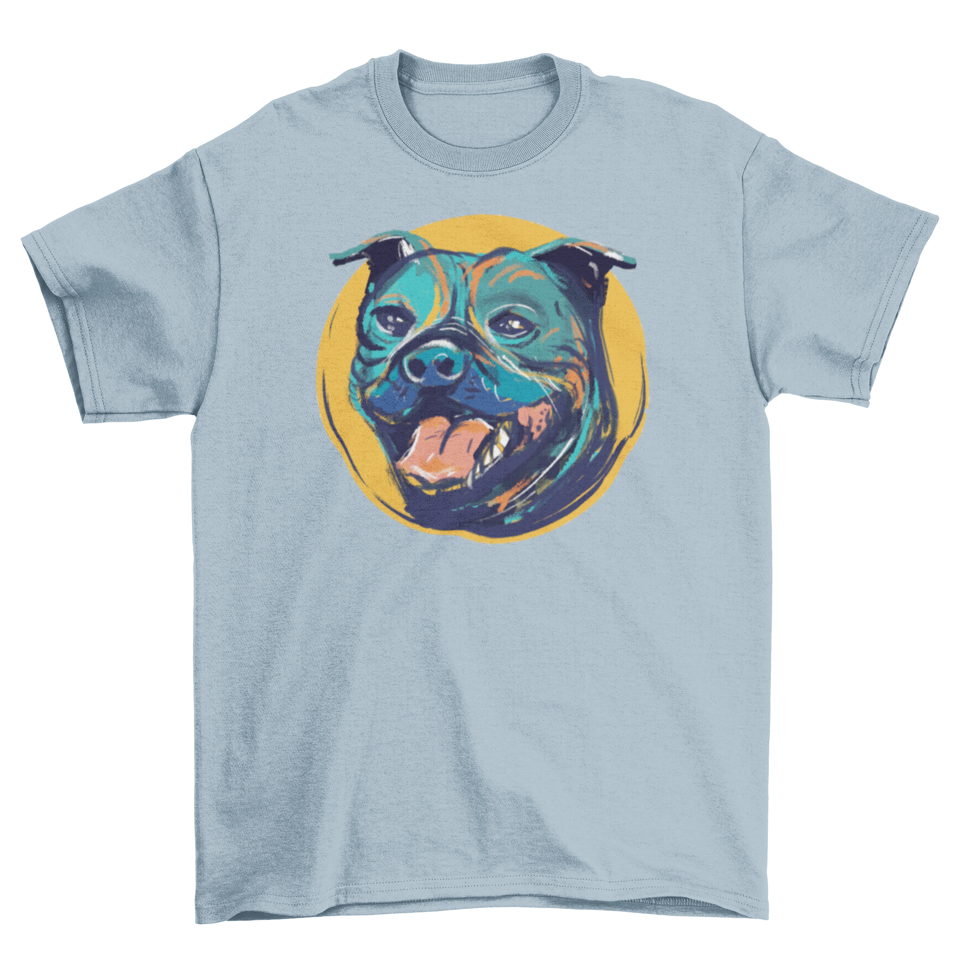 A stylish t-shirt featuring a watercolor design of a Staffordshire bull terrier, showcasing its unique features and charm.