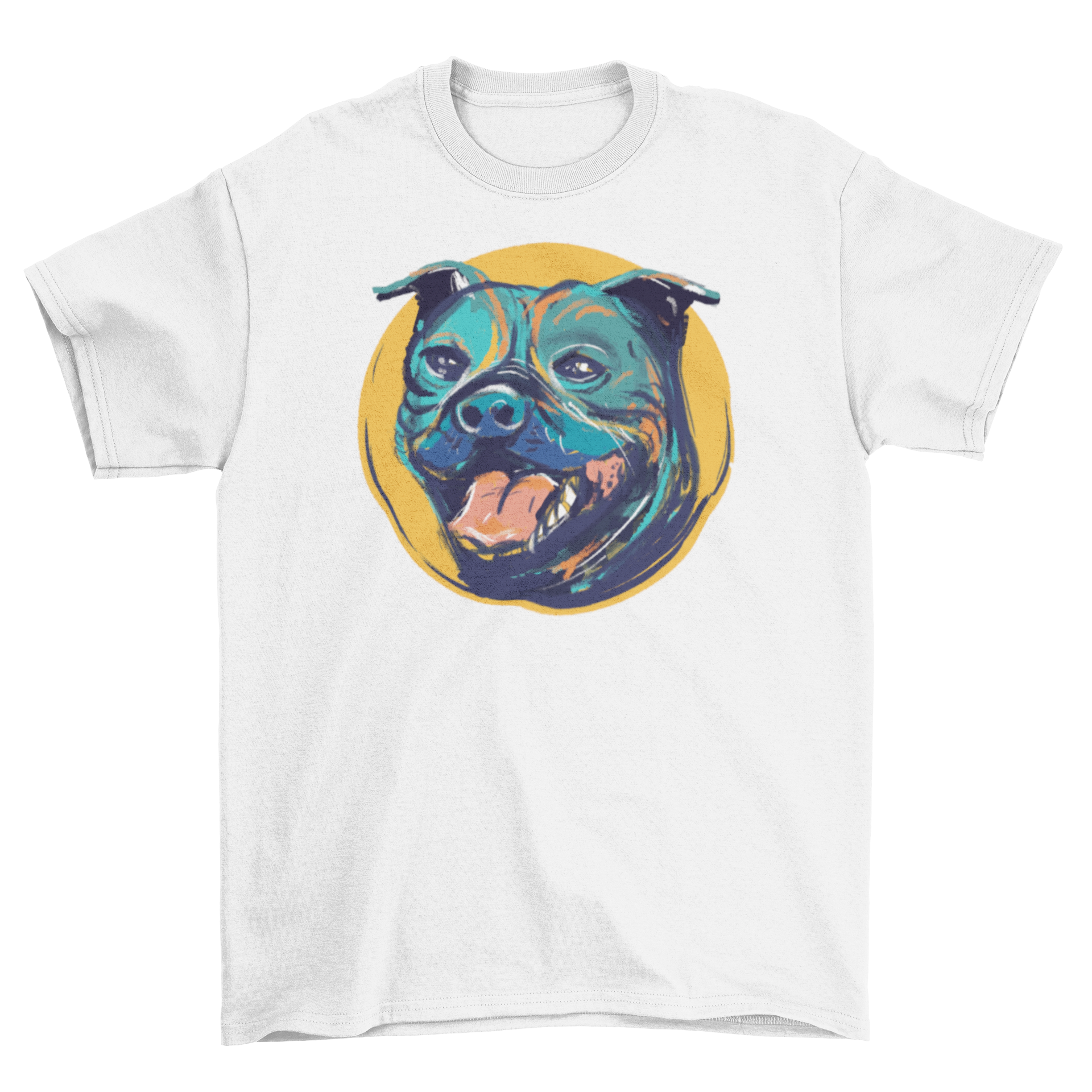 A stylish t-shirt featuring a watercolor design of a Staffordshire bull terrier, showcasing its unique features and charm.