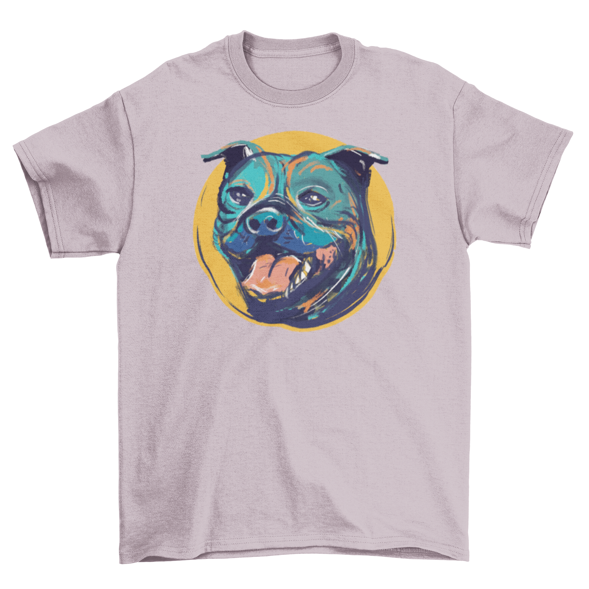 A stylish t-shirt featuring a watercolor design of a Staffordshire bull terrier, showcasing its unique features and charm.