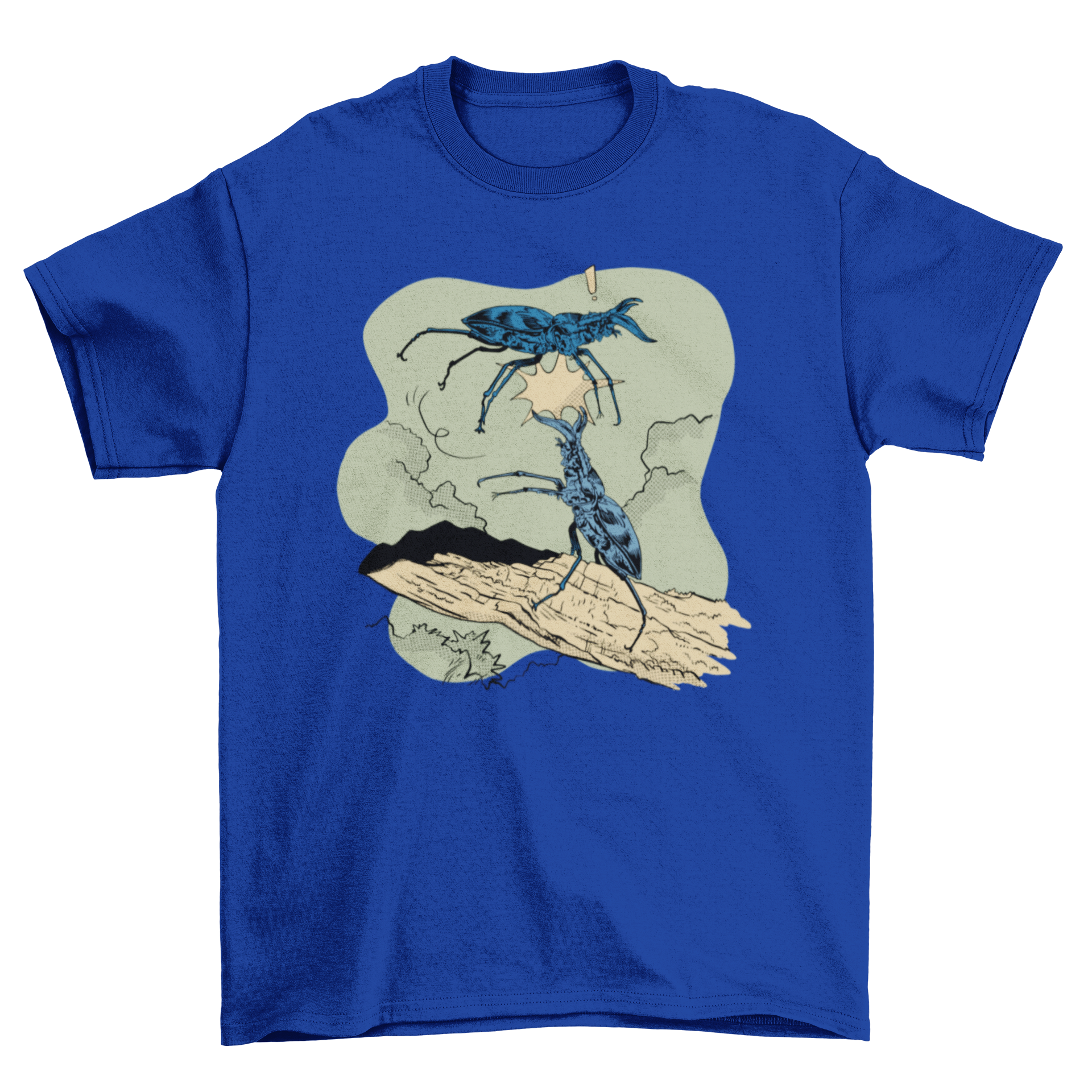 A stylish t-shirt featuring a dynamic design of two stag beetles fighting, showcasing their impressive antlers.