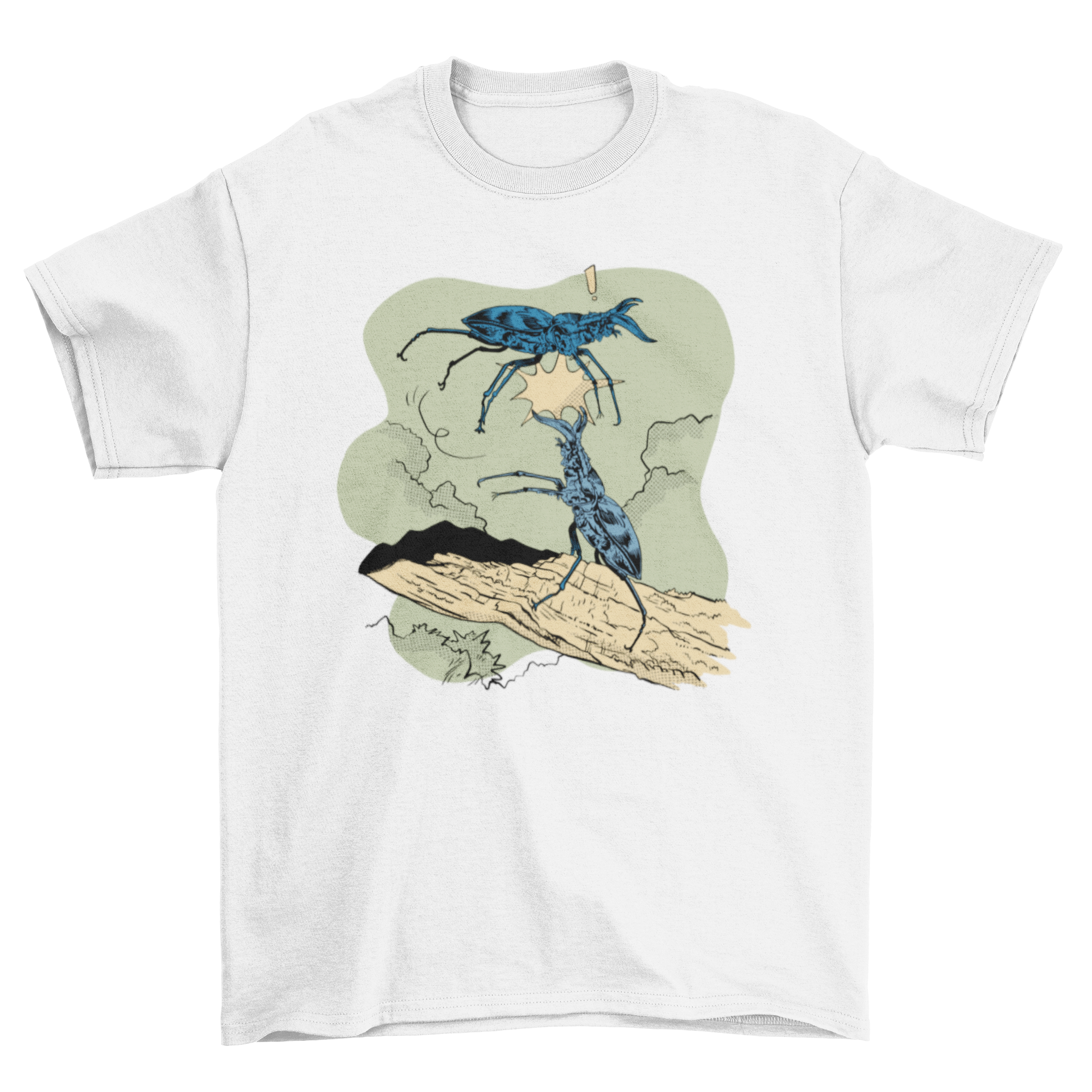 A stylish t-shirt featuring a dynamic design of two stag beetles fighting, showcasing their impressive antlers.