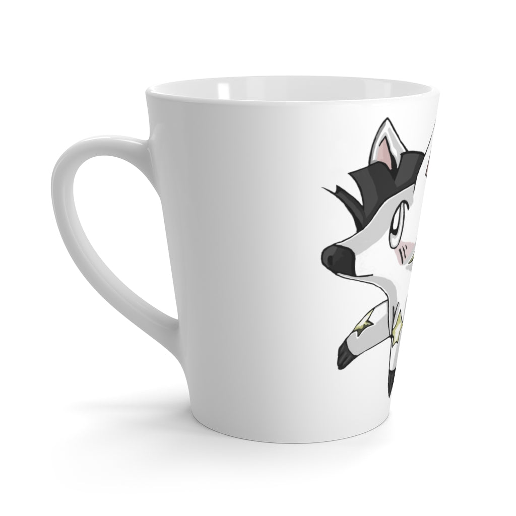 Stalze Latte Mug in white ceramic with rounded corners and C-handle, showcasing vibrant sublimation printing.