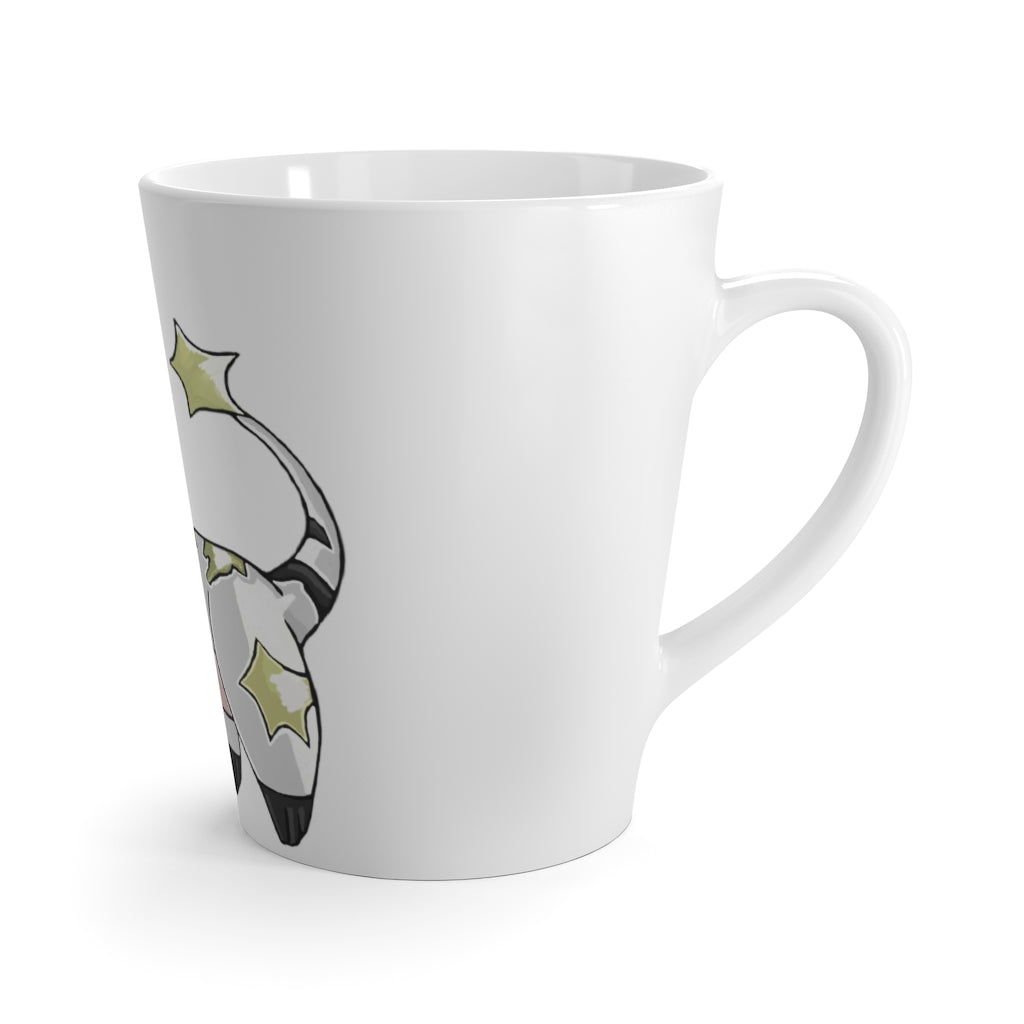 Stalze Latte Mug in white ceramic with rounded corners and C-handle, showcasing vibrant sublimation printing.