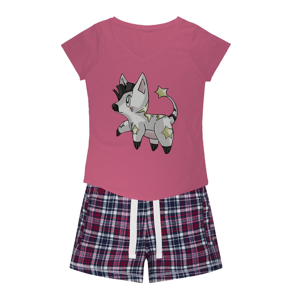 Stalze Women's Sleepy Tee and Flannel Short set featuring a relaxed fit T-shirt and colorful flannel shorts, perfect for cozy nights.